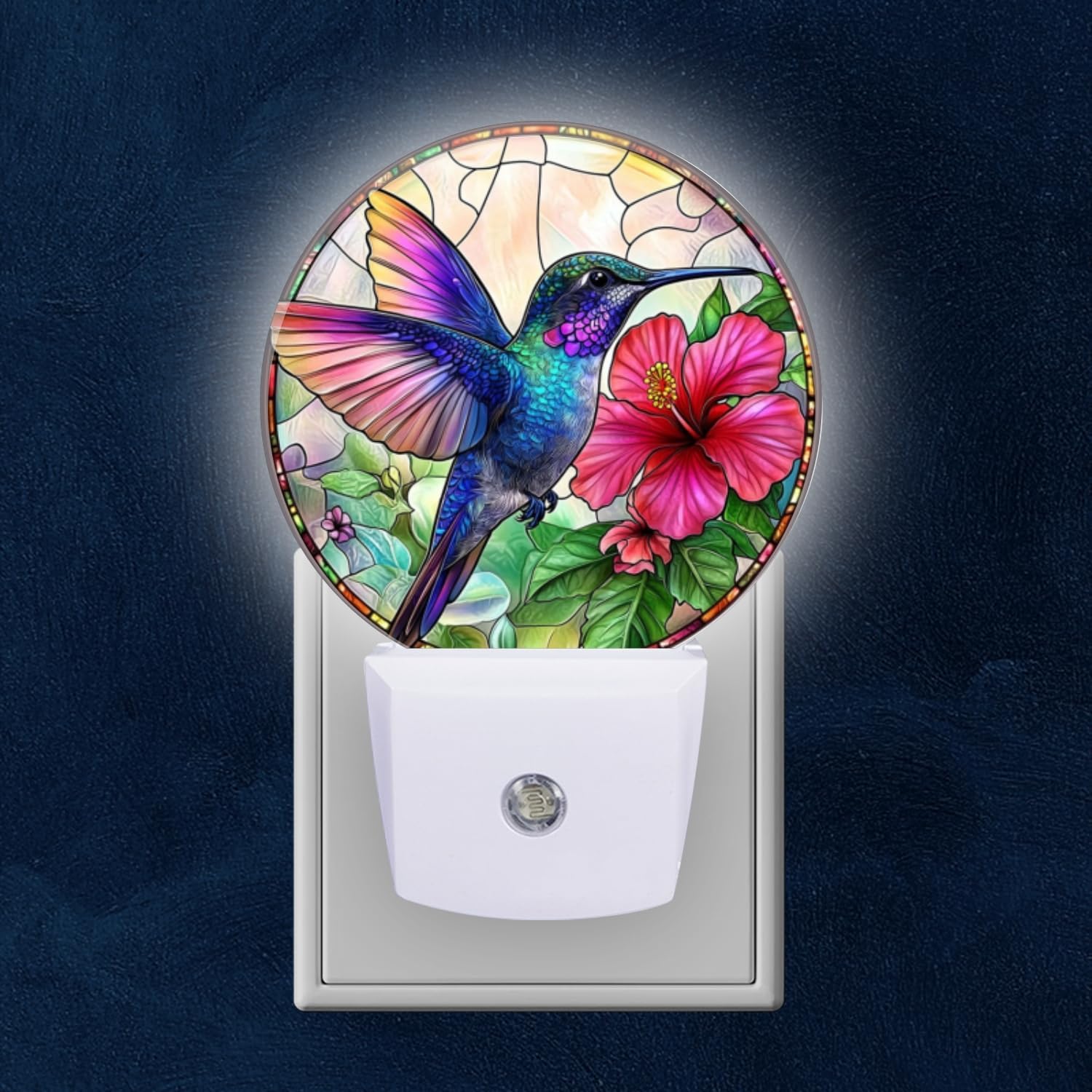 Round LED Night Lights Lamp with Dusk to Dawn Sensor, Hummingbird and Flower Night Light Plug Into Wall for Kids Room, Bedroom, Bathroom, Kitchen, Hallway