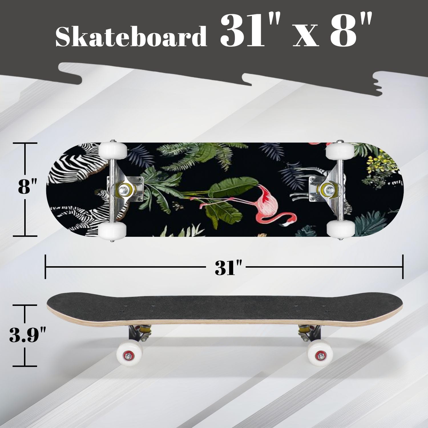 Complete Skateboard with Seamless Jungle Animals Flowers Trees Beginner Skateboard 7-Layer Maple Wood Double Kick Concave Skateboards for Kids, Adults, Teens 31