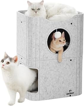 ABCPET Cat House for Indoor Cats, Cat Condo Cat Bed Cave, Felt Cats Hideaway Condo with Resistant Scratching Freedom Kitten Cube & Hanging Ball, Light Gray