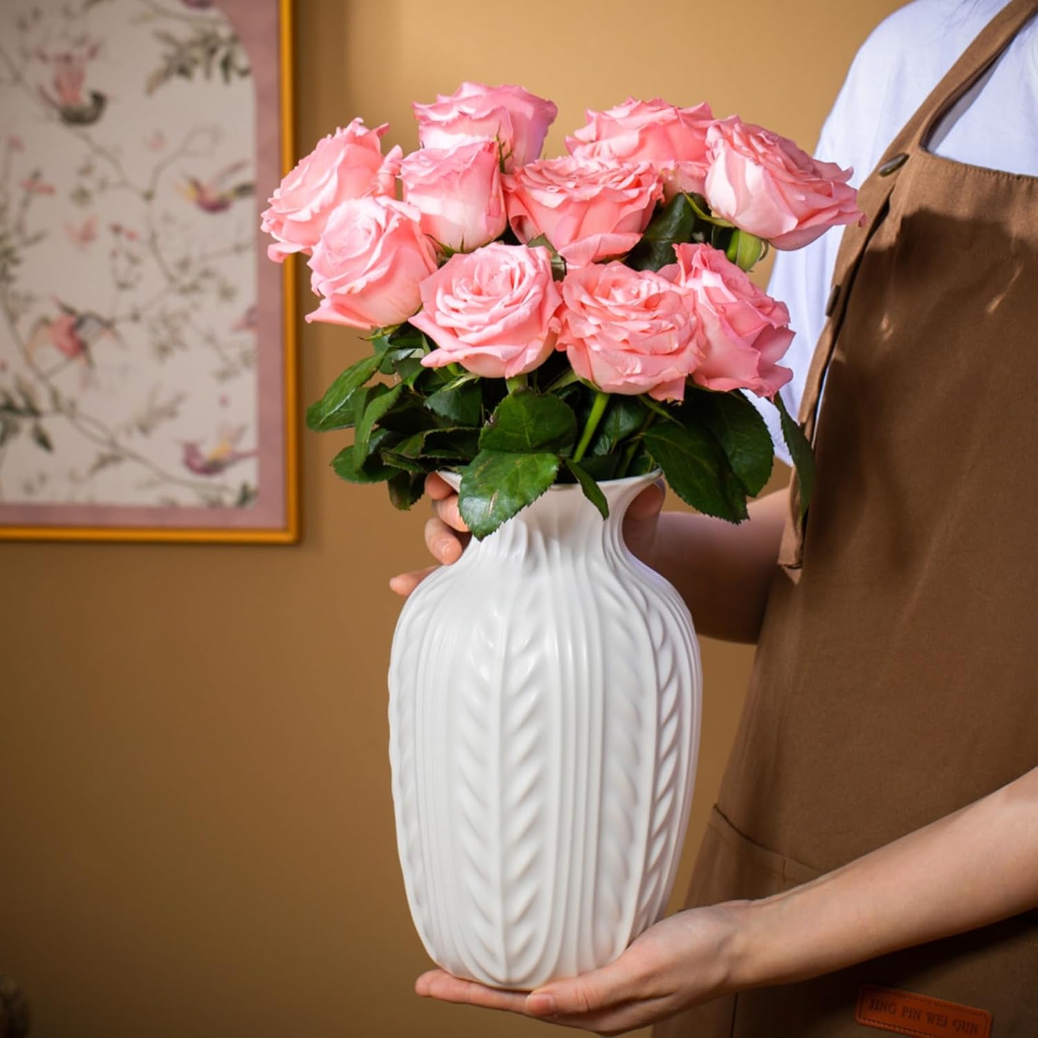 Matte White Ceramic Flower Vase, 10 Inch Unique Wheat Ear Textured Modern Large Vases for Trendy Home Decor Living Room Entryway Shelf Office Rustic Table Centerpiece (Matte White) - Image 2