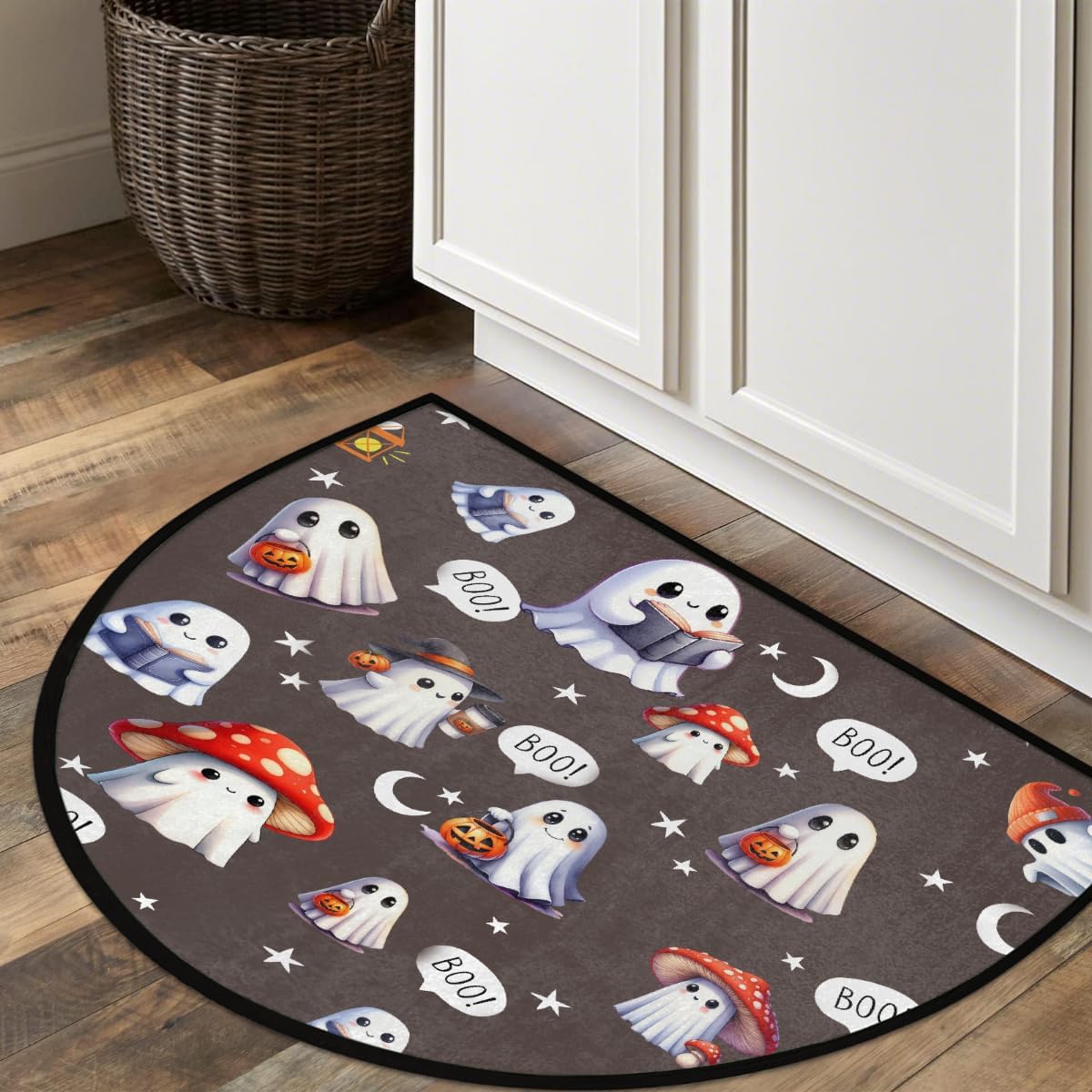 Halloween Cute Ghost Holiday Half Round Doormat Washable Semi Circle Rug Non Slip Half Moon Rug Floor Mat for Indoor Outdoor Bathroom Kitchen Fireplace Entryway Bath Holiday Decor