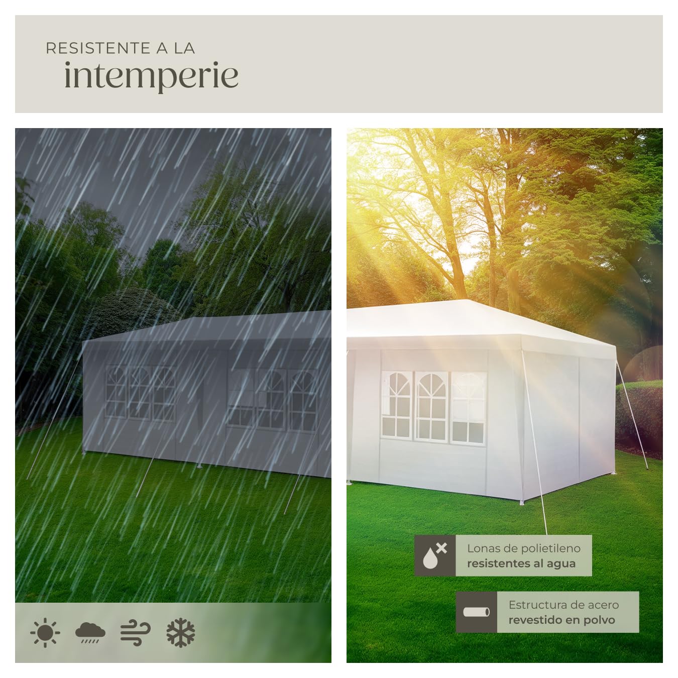 tectake® Carpa Desmontable, con 8 Paneles Laterales Desmontables, Protección a la Intemperie, Cenadores para Jardin, Playa, Cuerdas Tensoras y Piquetas, Carpas para Exteriores - 9x3 m Blanco