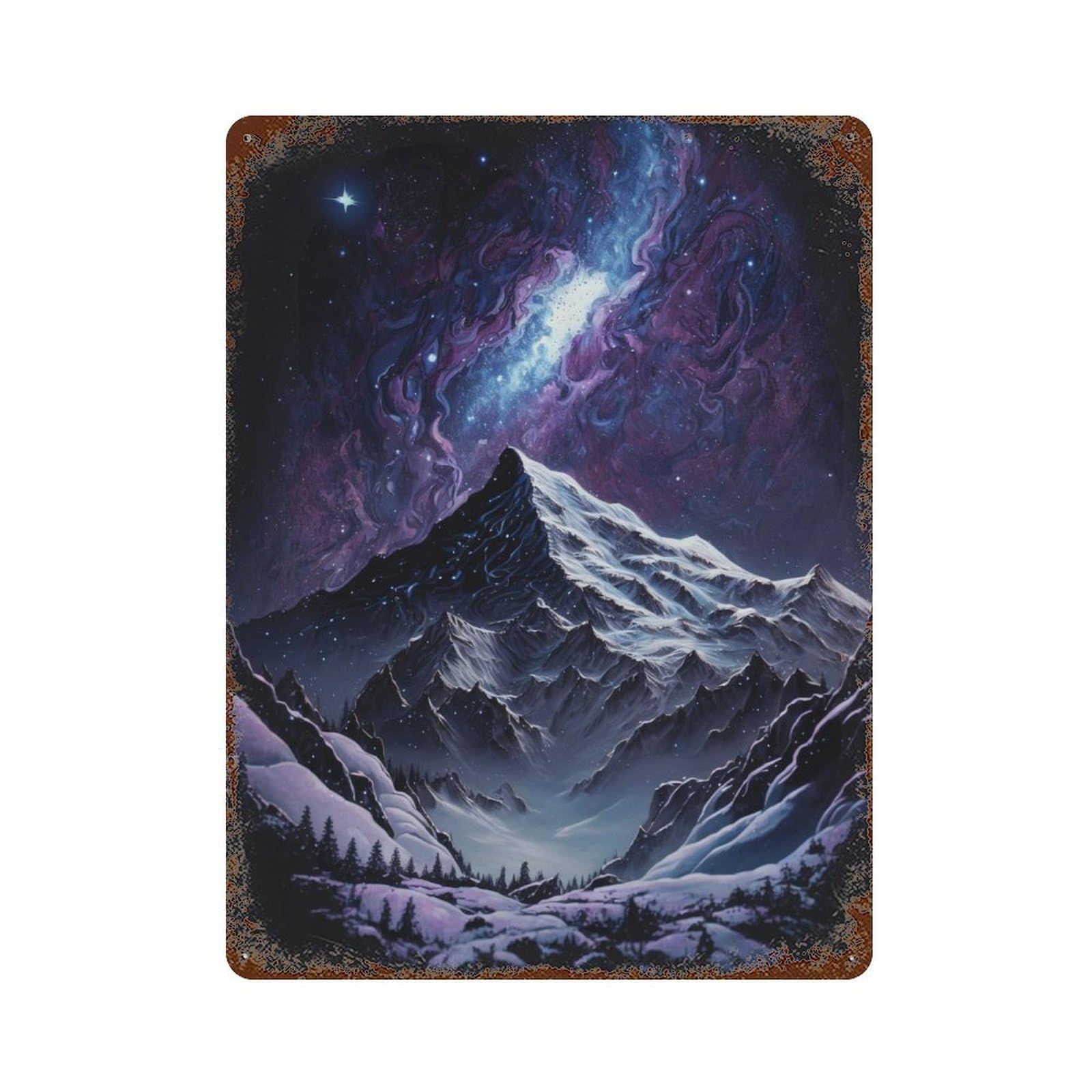 Galactic Snowy Peaks Rust Effect Tin Sign 15.7"x11.8", Industrial Home Decor for Basement, Hobby Room And Garage Decor
