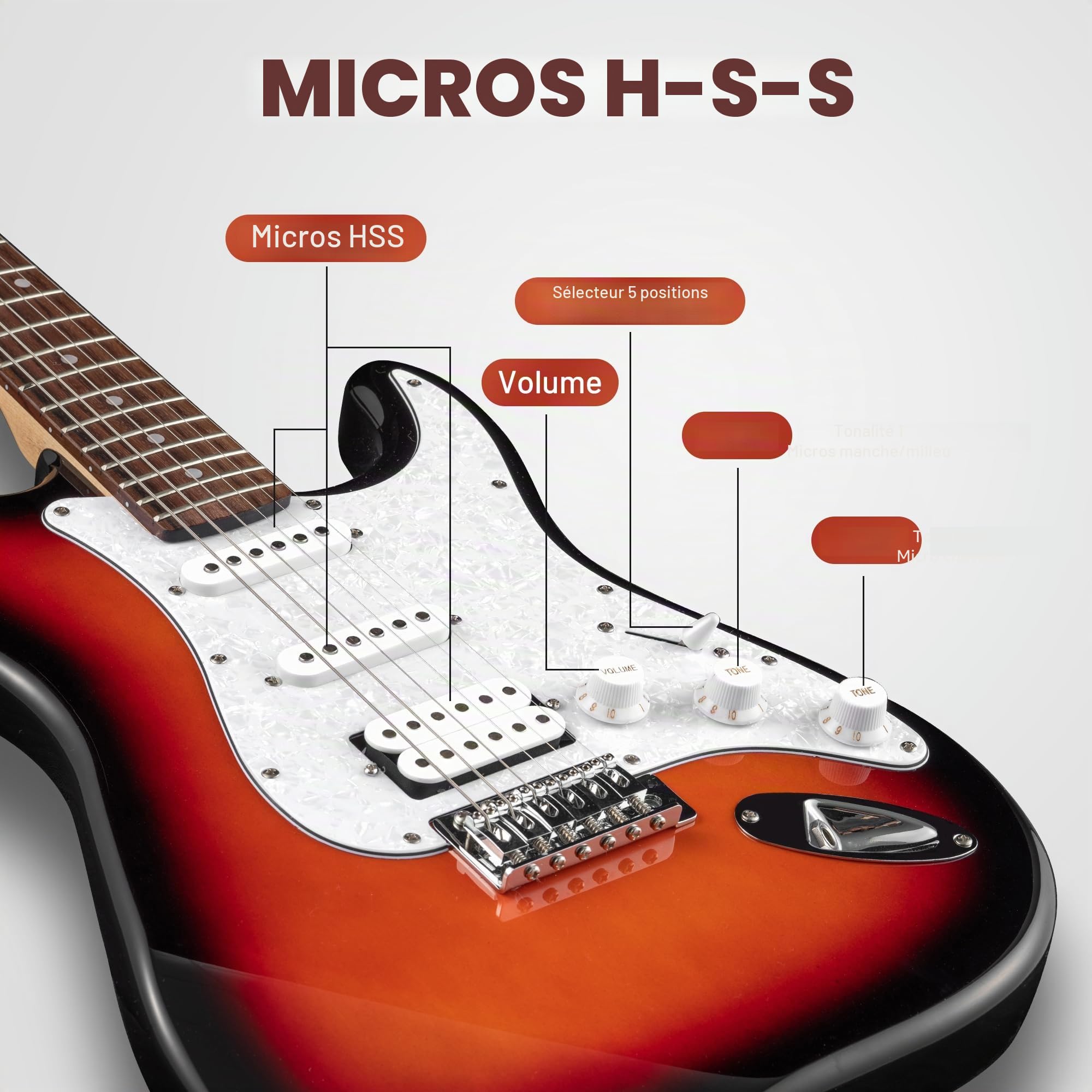 CAHAYA Guitare électrique de 39 pouces: guitare électrique ST avec 3 micros (S-S-H), inclut étui, amplificateur, accordeur, barre whammy et 4 médiators