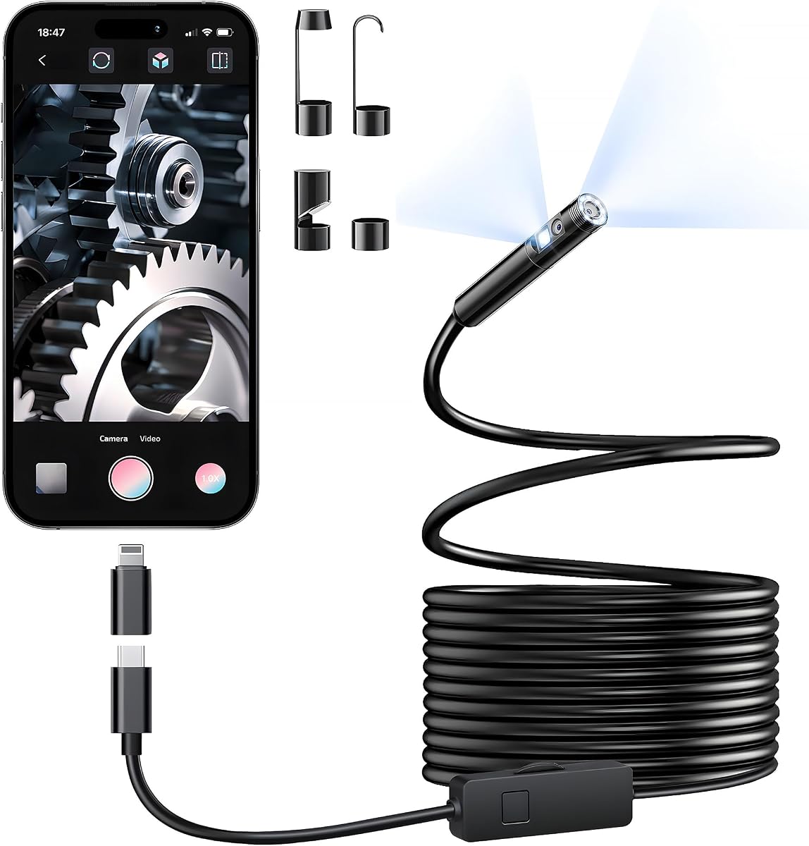 Cámara endoscópica [lente dual] con luz, boroscopio HD 1920P con 8+1 luces LED ajustables, cámara de inspección de cable de serpiente semirrígida impermeable IP67 de 16.5 pies para iPhone, iPad y teléfono Android (tipo C)