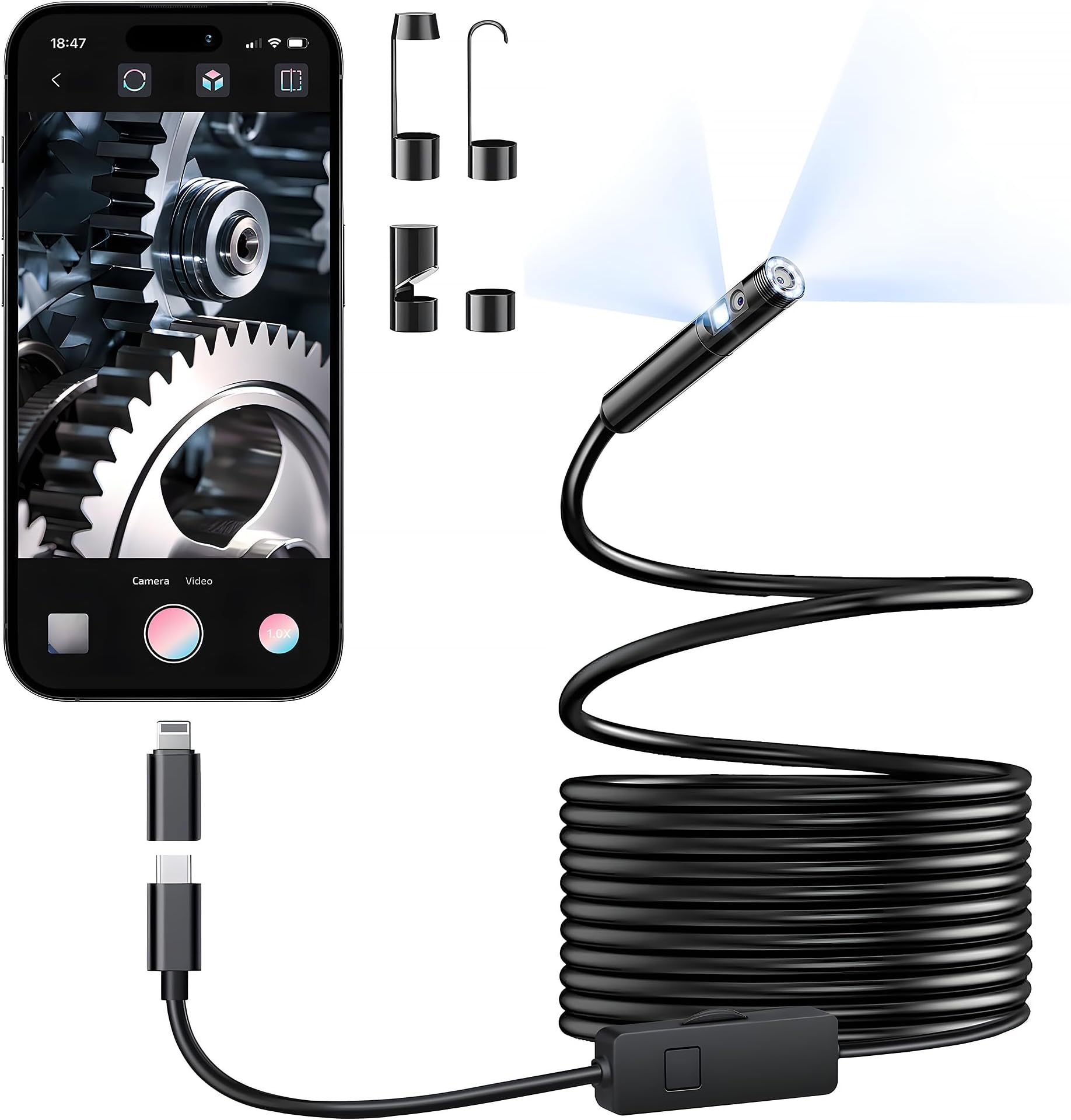 Elecshion [Dual-Lens] Endoscope Camera with Light, 1920P HD Borescope with 8+1 Adjustable LED Lights, IP67 Waterproof 16.5FT Semi-Rigid Snake Cord Inspection Camera for iPhone, iPad and Android