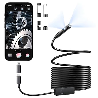 [Dual-Lens] Endoscope Camera with Light, 1920P HD Borescope with 8+1 Adjustable LED Lights, IP67 Waterproof 16.5FT Semi-Rigid Snake Cord Inspection Camera for iPhone, iPad and Android Phone Type C