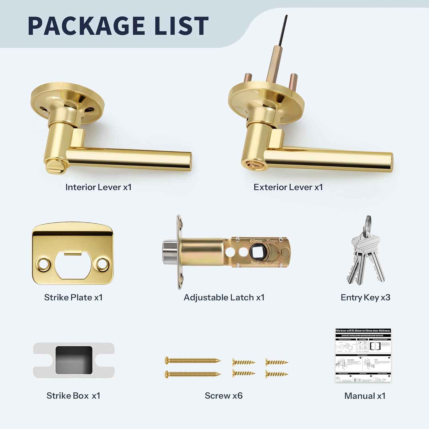 Polished Gold Round Style Door Handle with Lock and Key, Keyed Entry Reversible Door Lever for Office or Front Door, Polished Brass Finish