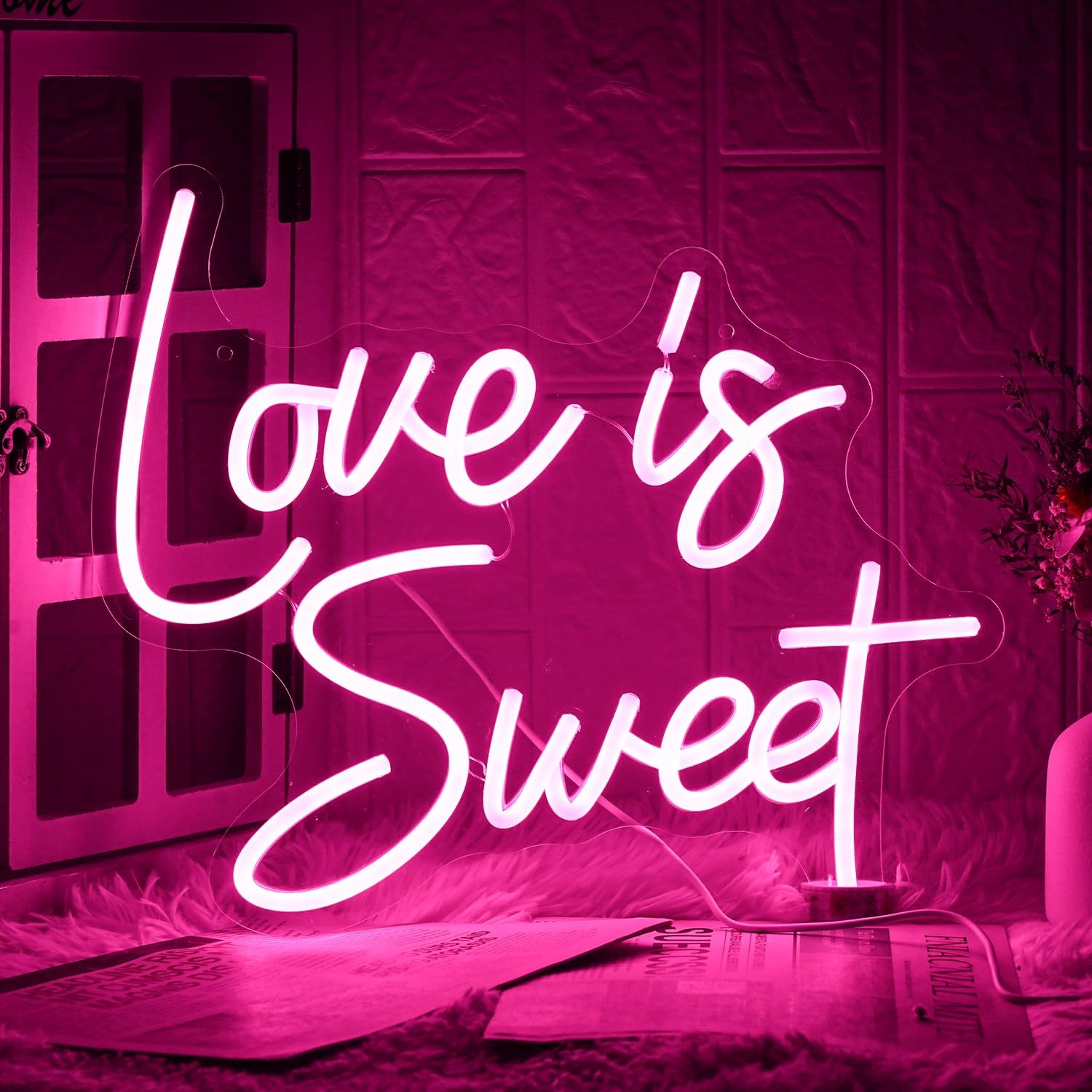 "Love is Sweet" Neon Sign Pink LED Neon Light Sign for Dessert Table Dimmable Neon Light for Wedding Decor Bridal Shower Engagement Bachelorette Party Decorations Valentine's Day Gift