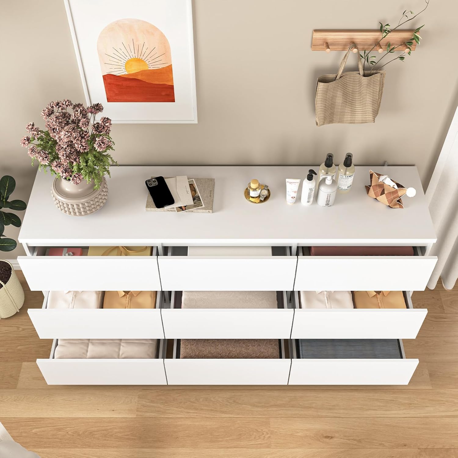 9 Drawers Dresser Storage Cabinet, 63'' Modern White Chest of Drawers, TV Console Stand Organizer with Slide Drawer Design for Bedroom, Living Room, Dining Room, Kitchen, Hallway, Entryway