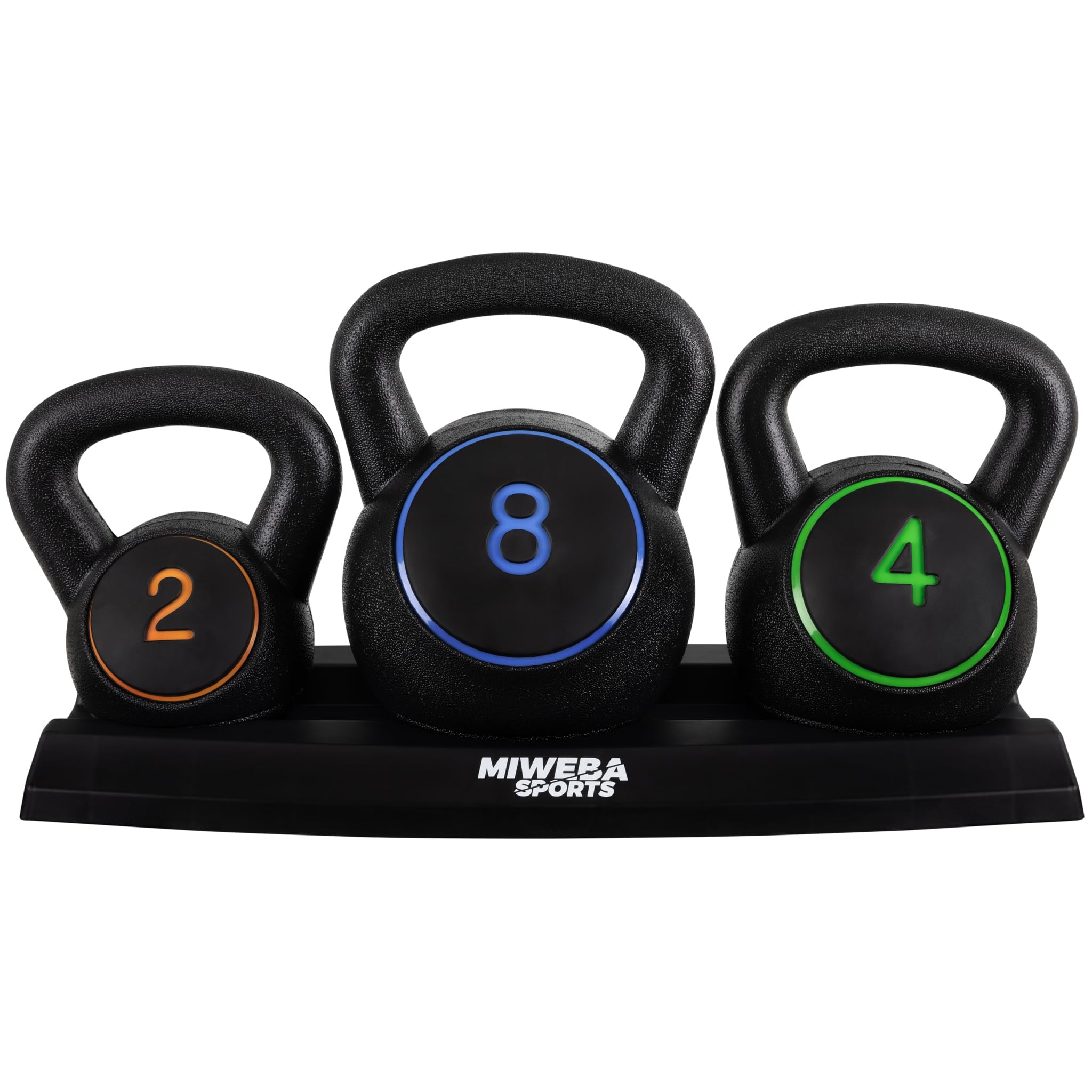 Miweba Sports Kettlebell | Hanteln Set - Gewichte 2 | 4 | 8 kg - Kettlebell Set - Hantel Set - Kettlebells - Fitness Zubehör inkl. Ablage - Krafttraining - Kugelhantel - Kugelgewicht - Schwunghanteln