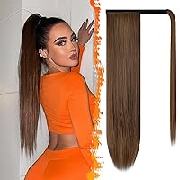 Vista 78 de BARSDAR - Extensión de cola de caballo recta con resaltado marrón medio, de 26 pulgadas de largo, con clip envolvente para mujeres, extensiones
