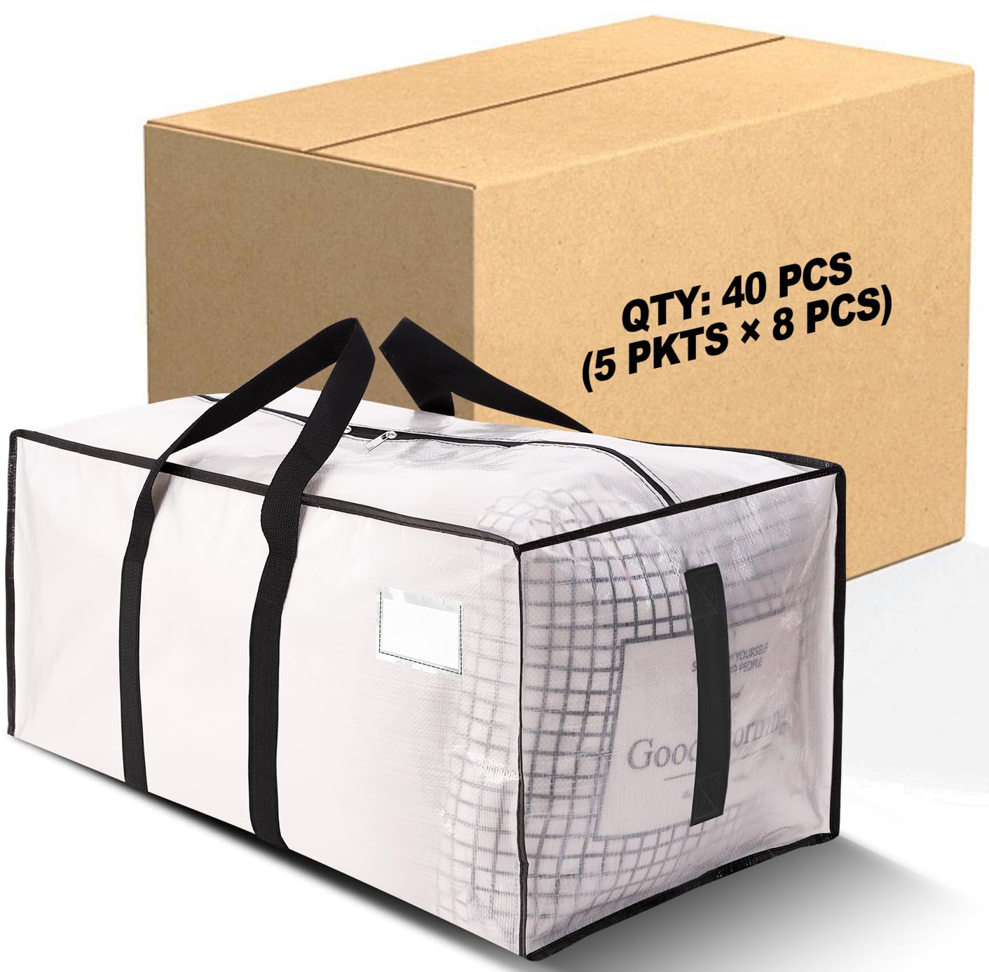 HOMESURE Supports 200lbs Heavy Duty Moving Bags - Strong Zipper & Wrap-Around Handles - Water-Resistant Storage Totes, Durable Alternative to Moving Boxes - 40 Pack - Semi-Transparent Semi-Transparent 40