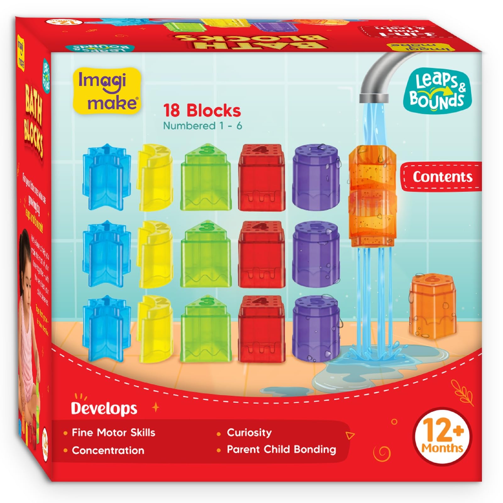 Imagimake Bloques de baño para bebés | Juguetes de baño para niños pequeños de 12 meses en adelante | Juguete educativo para niños pequeños y bebés | 3 en 1 jugar y aprender números, apilar y aprender