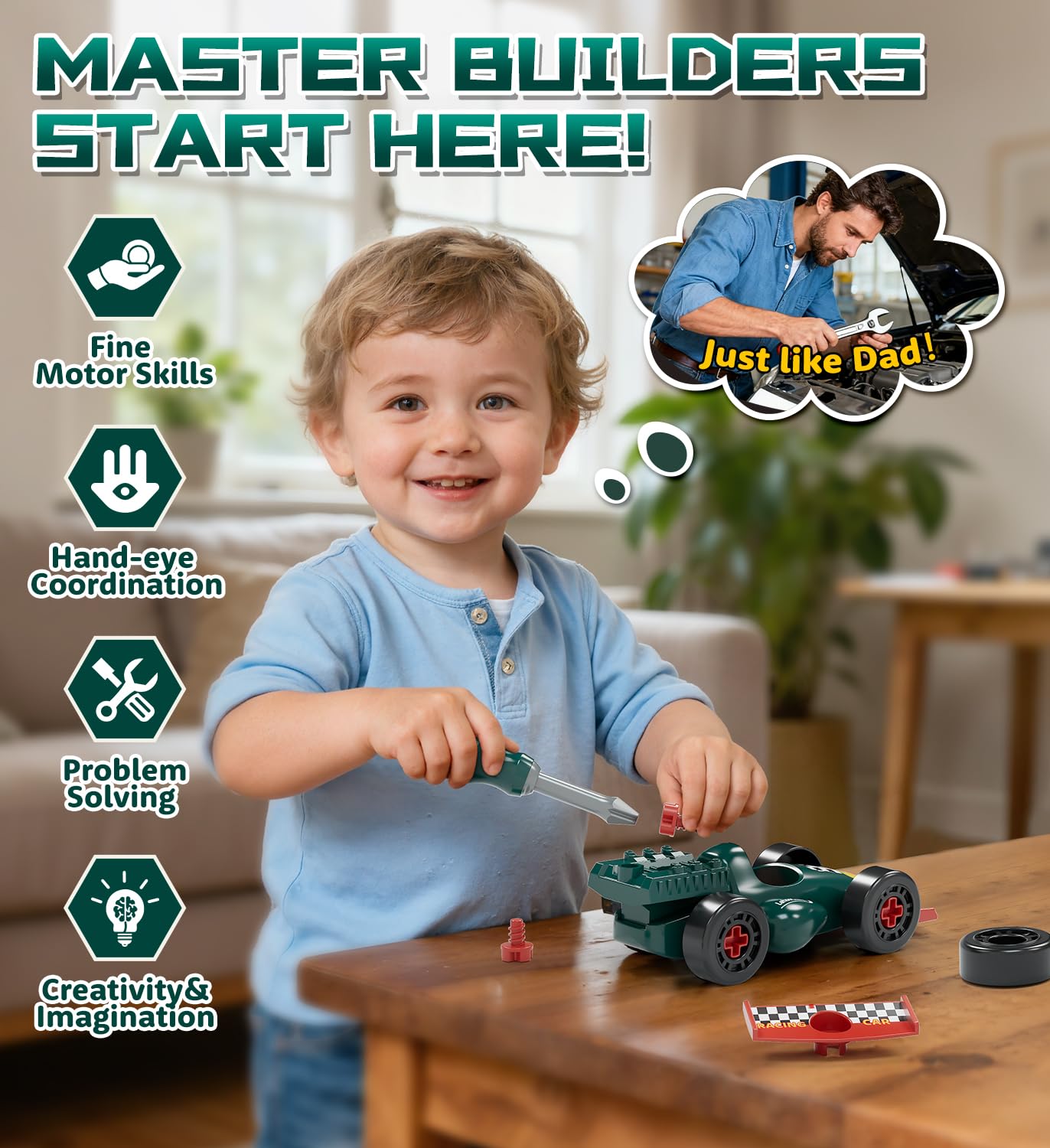 Lehoo Castle Boîte à Outils Enfant 2 3 Ans, Jouet Montessori Garçon 3 4 5 Ans avec Perceuse et Démontables Voitures de Course, Etabli Mallette Cadeau Éducatif pour Enfants Jeu de Rôle