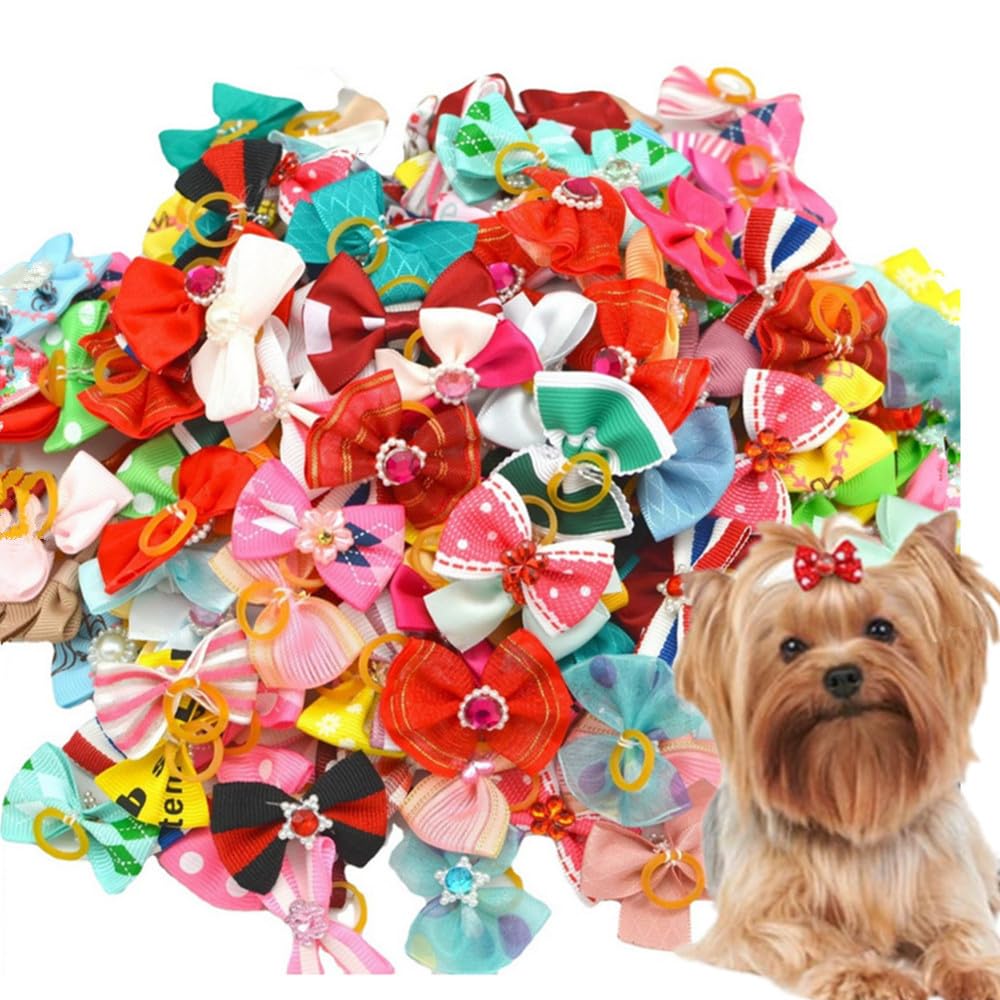 Lot de 30 nœuds pour chiens avec élastiques, différents styles d'arcs pour chiens, Bow Styles Multiples Flocons pour cheveux pour chiens, jolis accessoires de toilettage, accessoires pour colliers