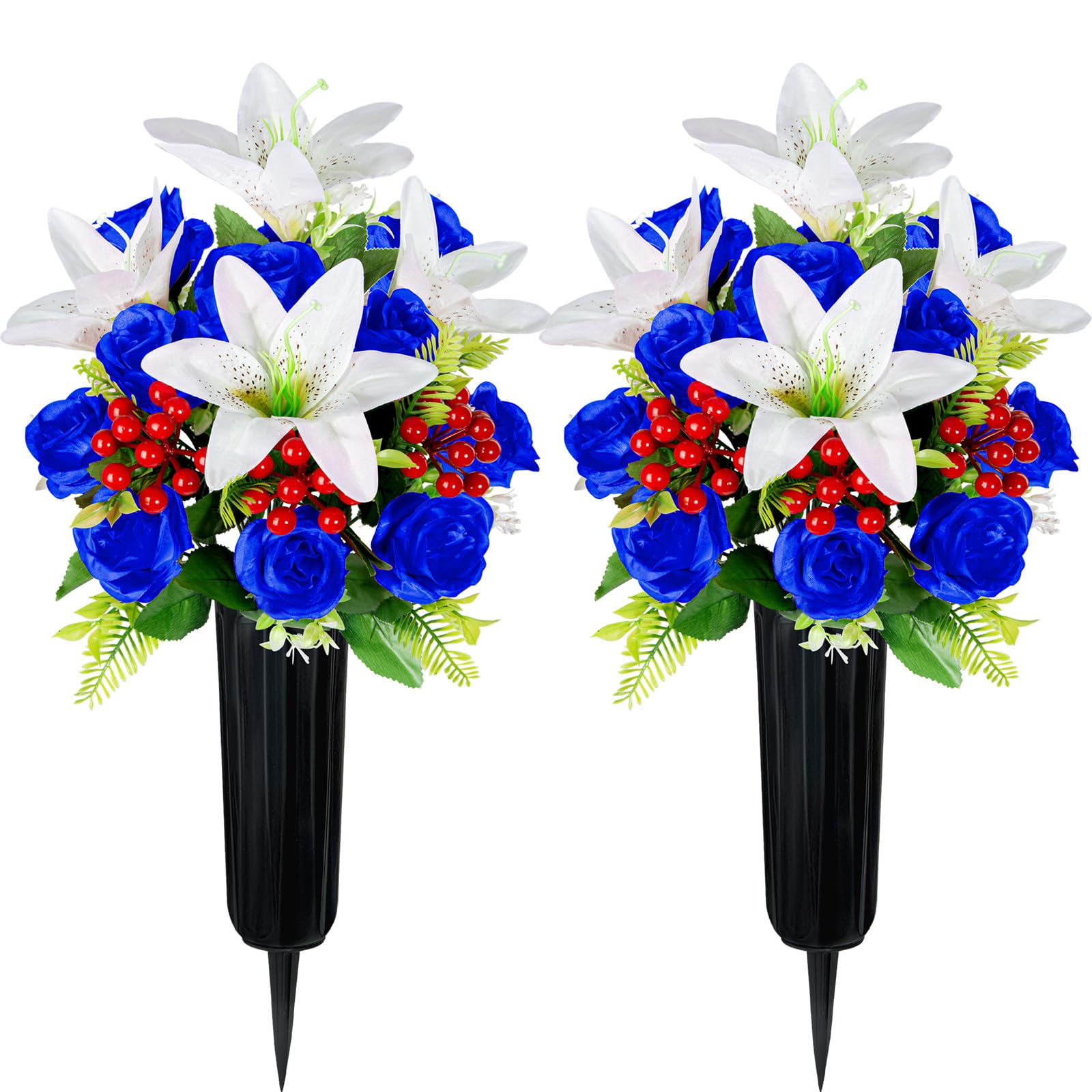 Velibobo Artificial Cemetery Flowers with Vase, Set of 2 Rose Lily Bouquet Graveside Decoration, Artificial Memorial Flowers for Easter Mother's Day Arrangements