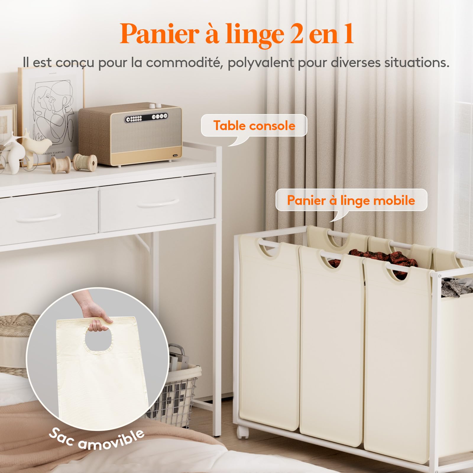 Lifewit Panier a Linge 3 Compartiments Roulettes 135L, Meuble Linge Sale Grande avec 2 Tiroirs et 3 Sac à Linge en Tissu Oxford, Bac à Linge pour Buanderie, Chambres, Salles de Bains, Blanc et beige