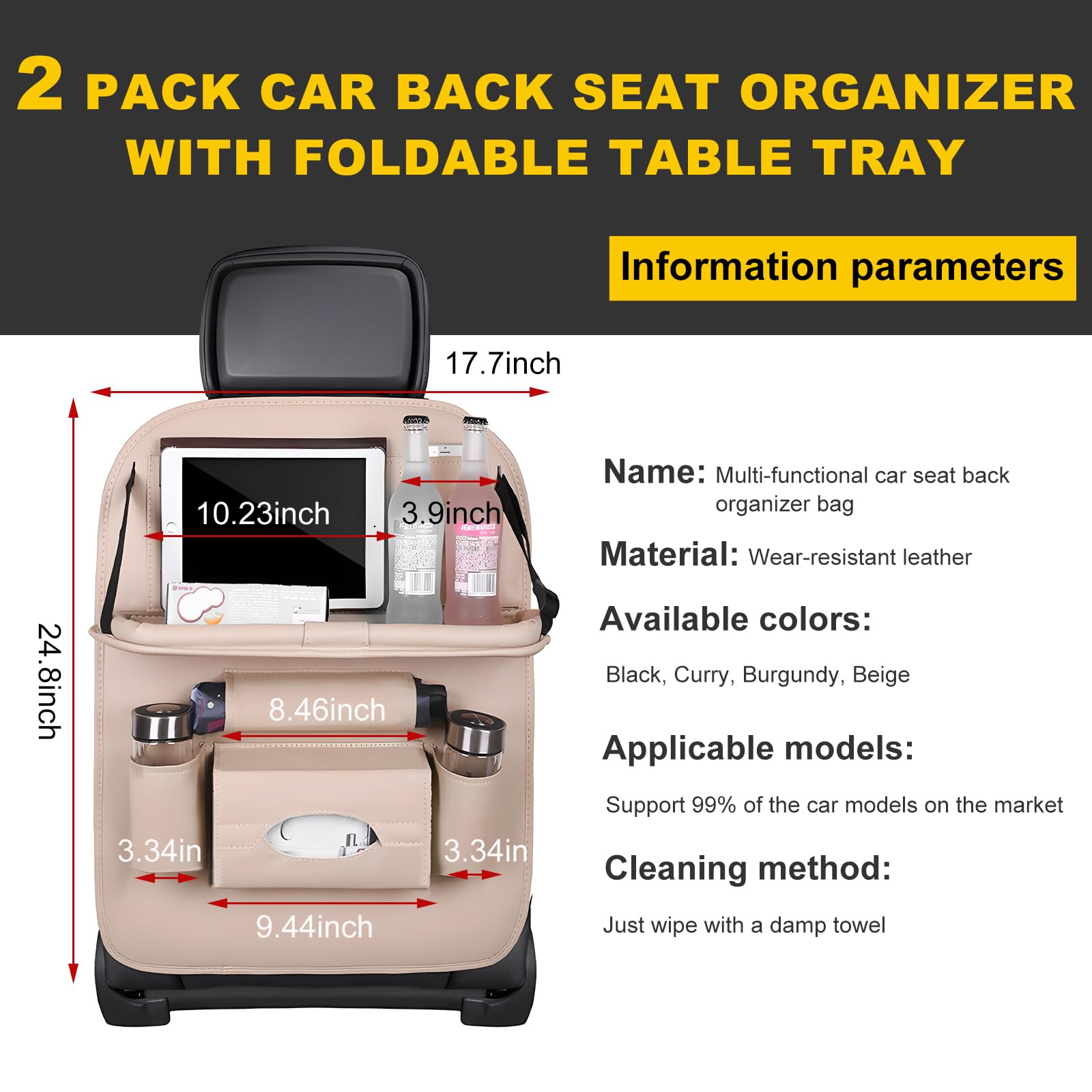 povtii 2 bolsillos traseros para asiento de coche, organizador de asiento trasero de cuero impermeable para niños, organizador de coche mejorado con bolsillos para tablet, accesorios universales para