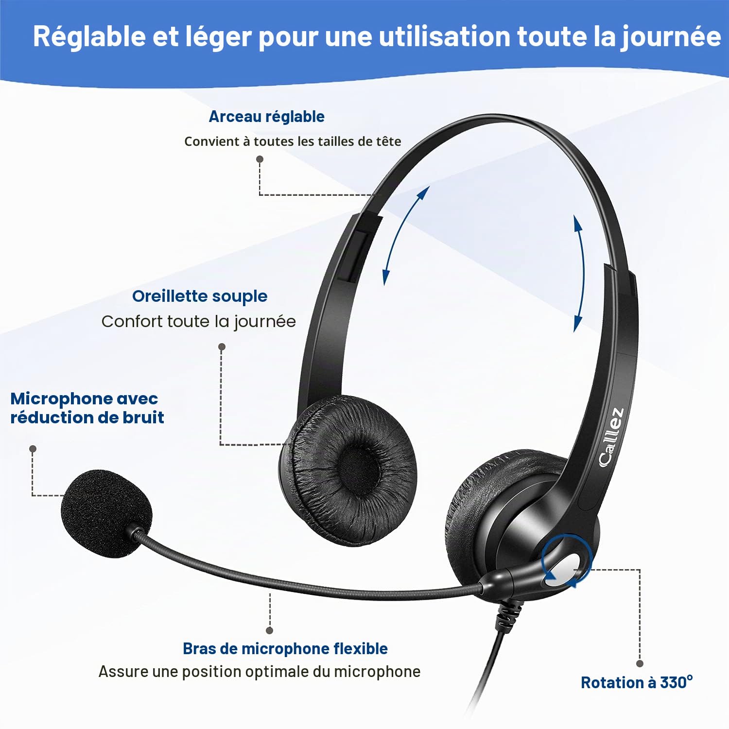 Casque Téléphone Fixe RJ9 avec Micro Anti-Bruit, Oreillette Téléphonique pour Polycom VVX411 Aastra 6757i Gigaset DA710 Fanvil X7C Alcatel Temporis 580 Plantronics Avaya Bureau Centre d'appel