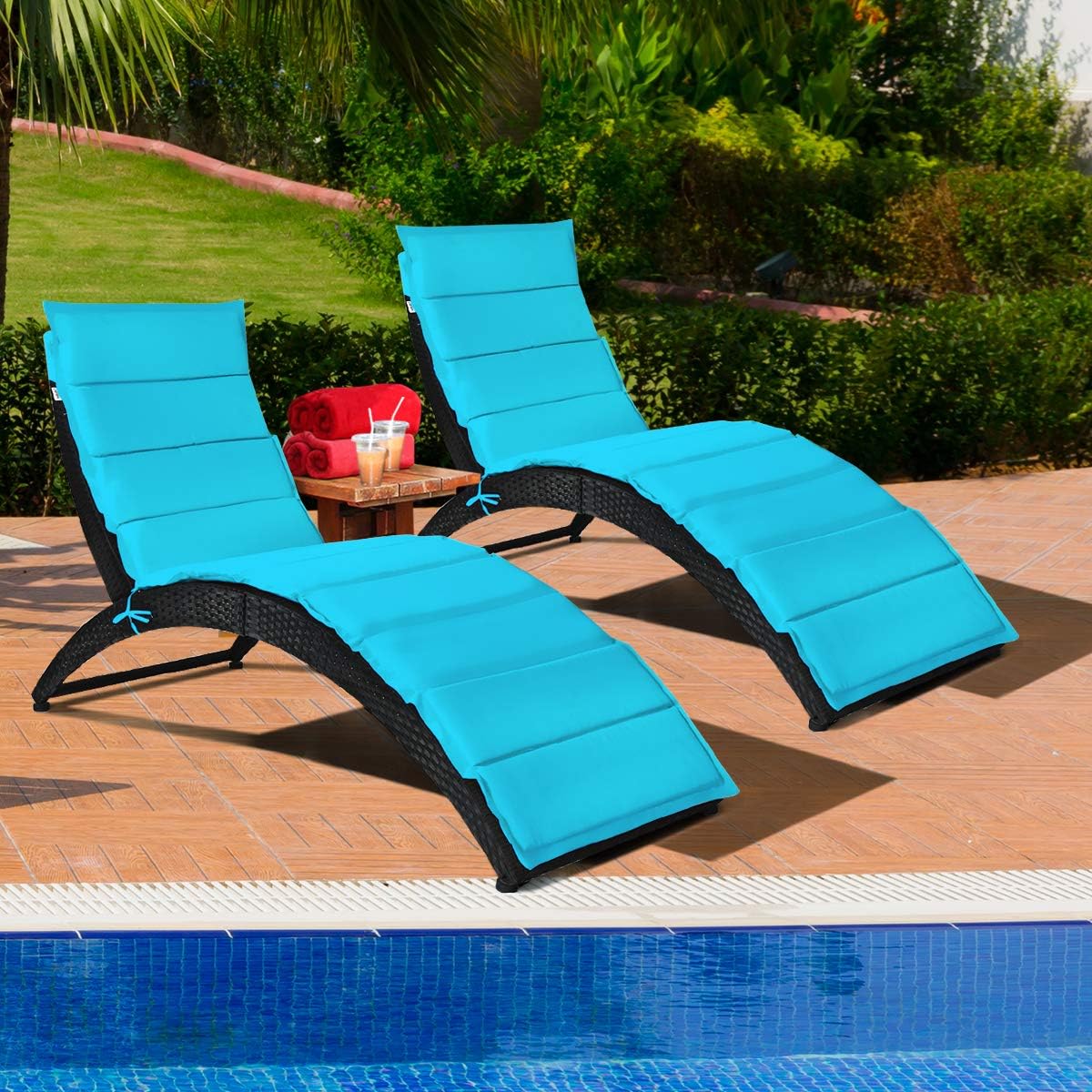 COSTWAY 2PCS Folding Rattan Lounge Chair Outdoor, Patio Wicker Chaise Lounge with Soft Cushion, Ergonomic Support Shaped, Portable Pool Lounge Chairs Set of 2 for Sunbathing, Beach (Turquoise)