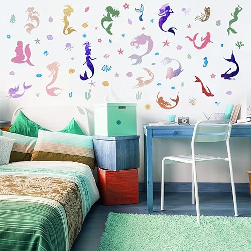 Miniatura 2 de Calcomanías de pared de princesa de sirena, bajo el mar, océano, sirena, calcomanías de pared, despegar y pegar, juego de silueta de sirena para