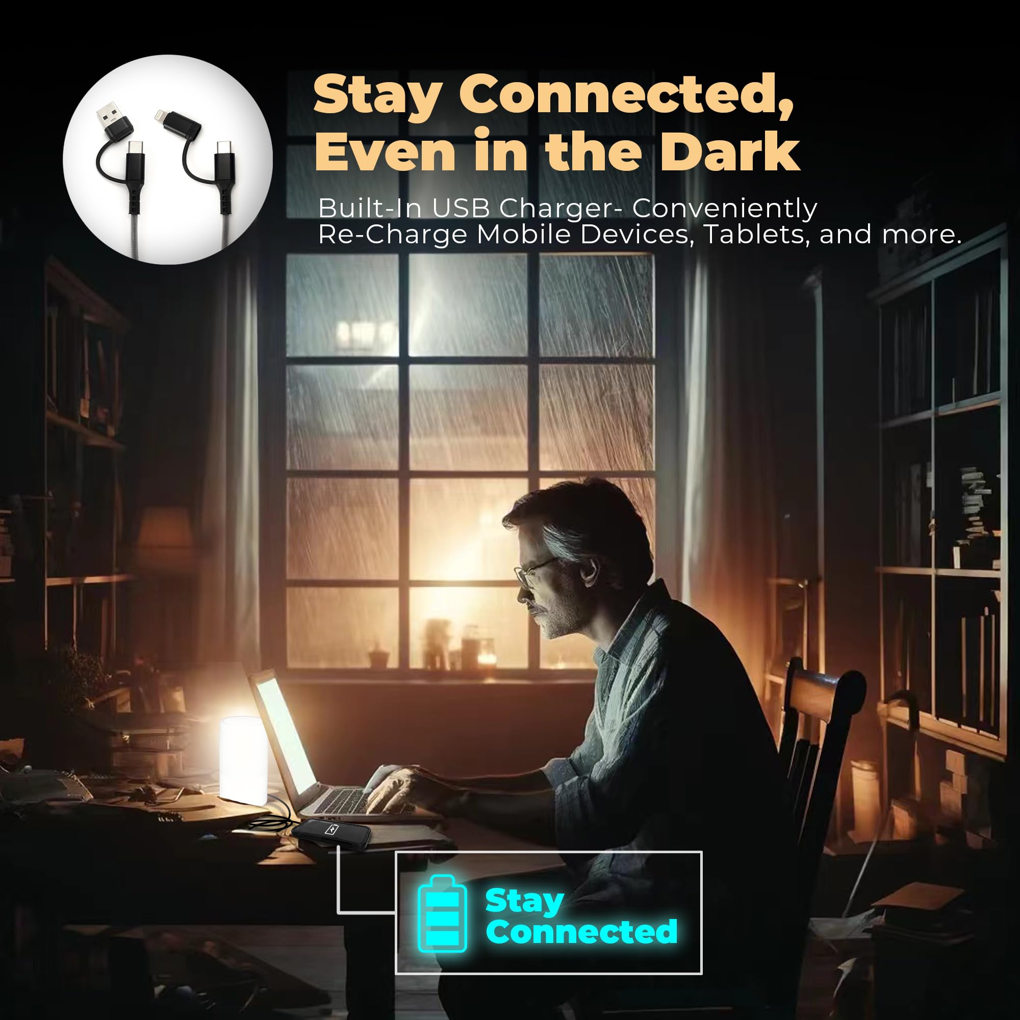 LFI -Lights - Lámpara de mesa de emergencia para el hogar - 200 horas de luz de emergencia y recarga de teléfonos celulares - Sensor de nivel de luz Top Touch 4 - RZLAHR (blanco)