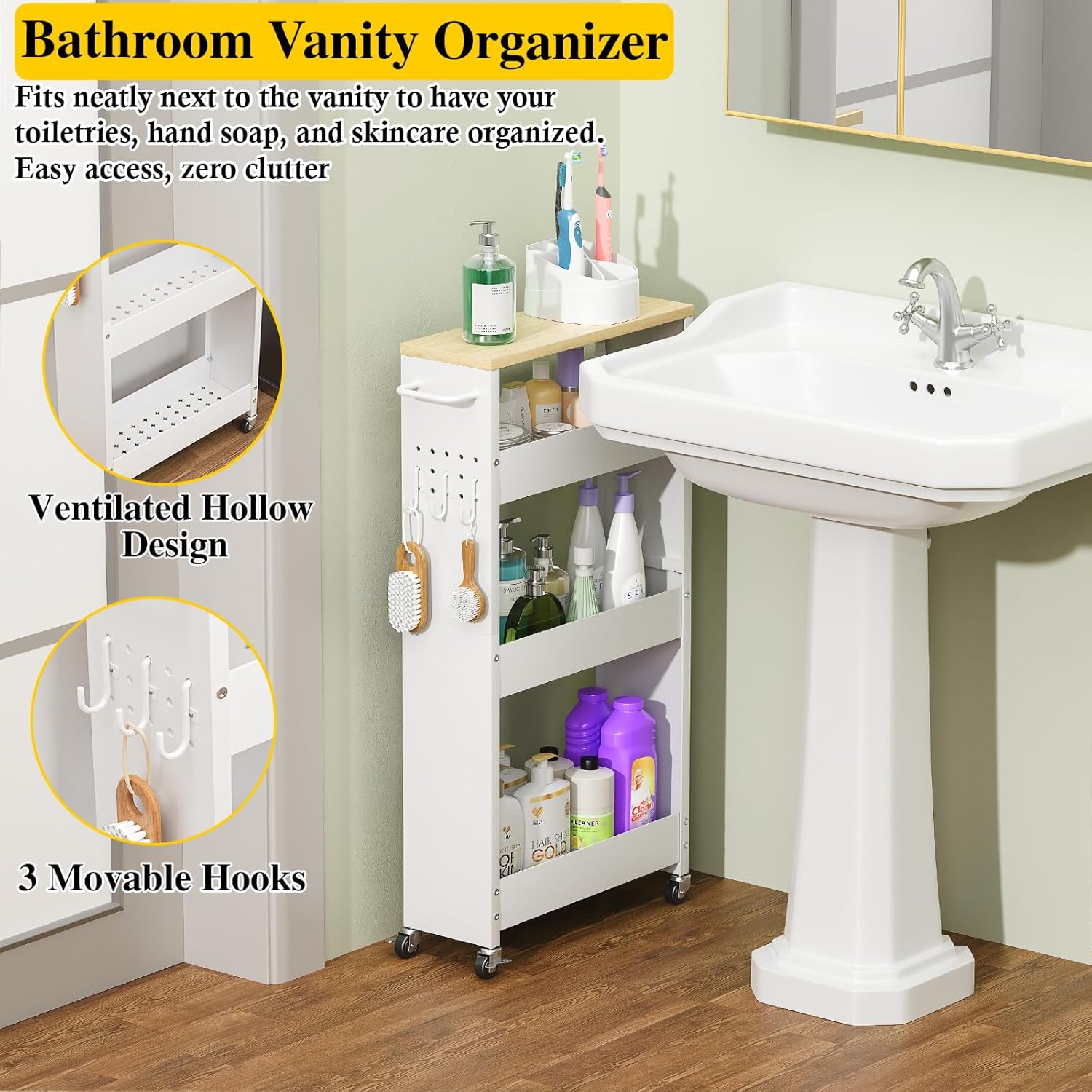 OKZEST Utility Slim Storage Cart, 4-Tier Narrow Laundry Room Bathroom Organizers and Storage Cart, Metal Pantry Kitchen Organization Shelf with Wood Top, Slim Rolling Rack with Wheels for Small Space