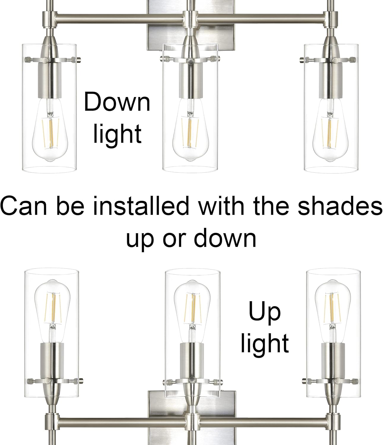Linea di Liara Effimero Modern Farmhouse Bathroom Vanity Lights Fixtures 3 Lights Over Mirror Brushed Nickel Vanity Lights For Bathroom Light Fixtures Industrial Lighting Clear Glass Covers, UL Listed