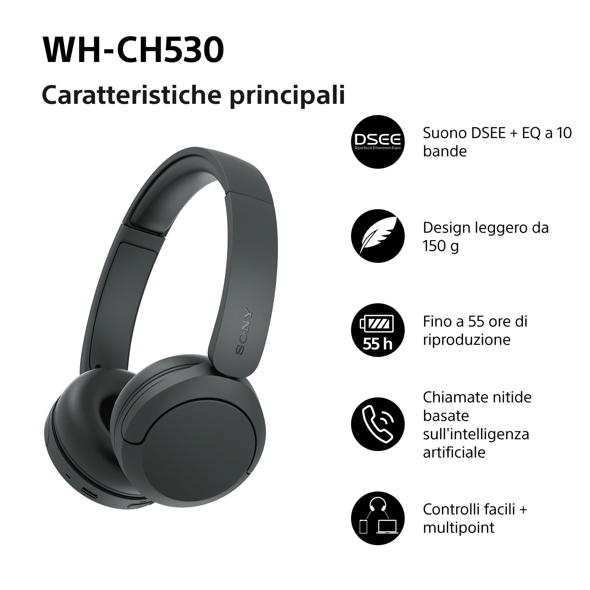 Sony WH-CH530 Cuffie Bluetooth Wireless - Nero