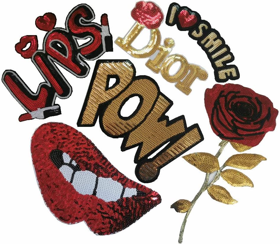 6 Pcs Embroidered Large Green Sequins Lip/Golden Red Rose/Letter Patches Sewing Patches Emblem Decals