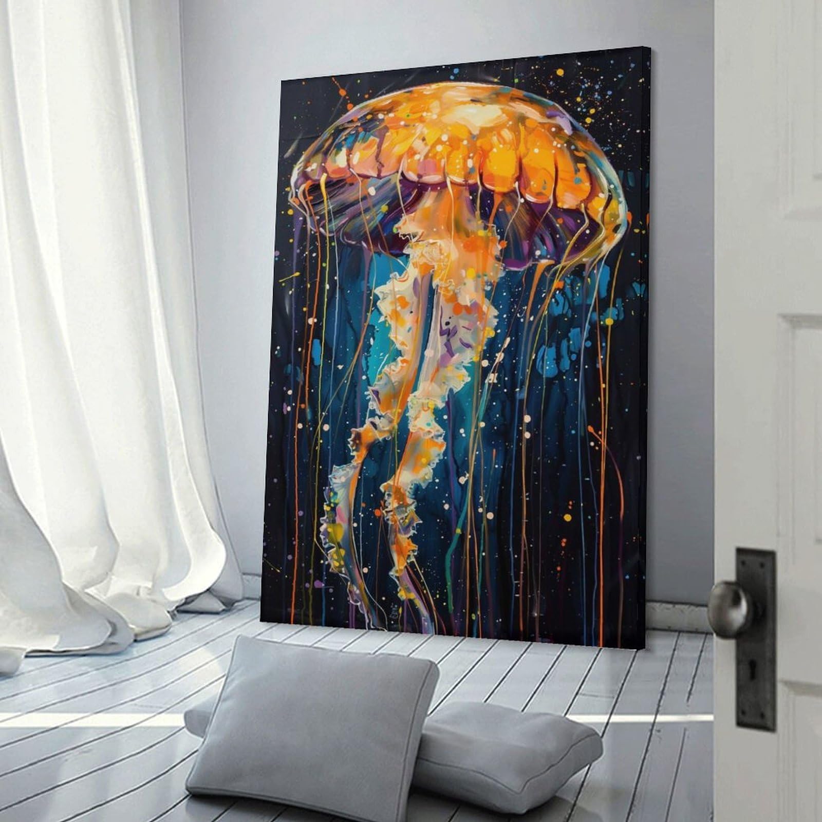 Junmoney Frame-Style-20 Squid Jelly Watercolor Canvas Wall Decor, 24X36inch(60X90cm), For Flats, Guest Rooms Or Compact Rooms, Decorative Canvas Decor For Home Updates