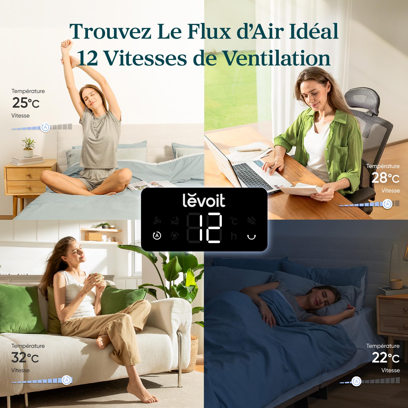 Levoit Ventilateur Colonne Silencieux 20 dB, Moteur DC, Refroidissement Puissant 7.9 m/s, 4 Modes 12 Vitesses, Mode Sommeil Avancé, Oscillation 90°, Télécommande, Minuterie 12 h, Noir, 92 cm