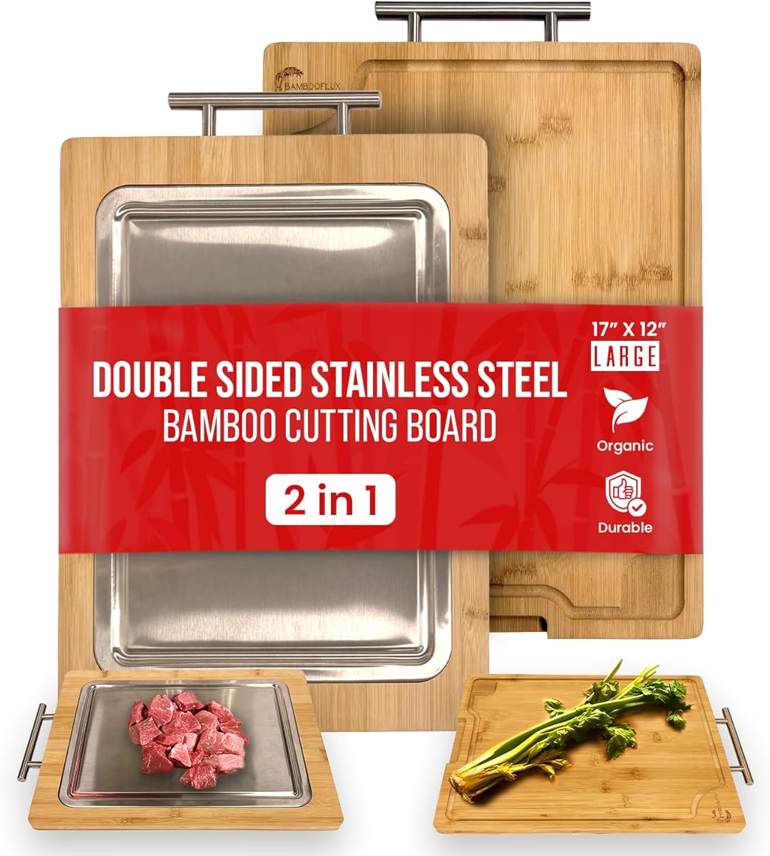 2-in-1 Bamboo Cutting Board With Handle, Double Sided Stainless Steel Cutting Boards With Juice Groove, Large Meat Cutting Board, Wood Cutting Boards For Kitchen, 16.9 x11.8 in