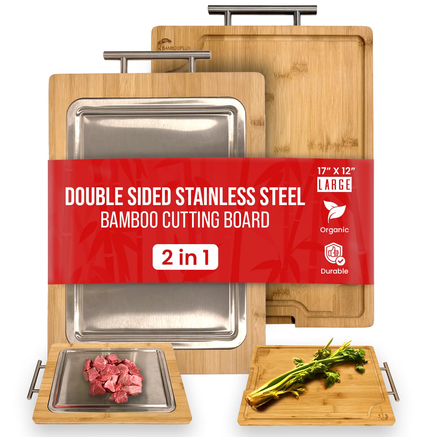 2-in-1 Bamboo Cutting Board With Handle, Double Sided Stainless Steel Cutting Boards With Juice Groove, Large Meat Cutting Board, Wood Cutting Boards