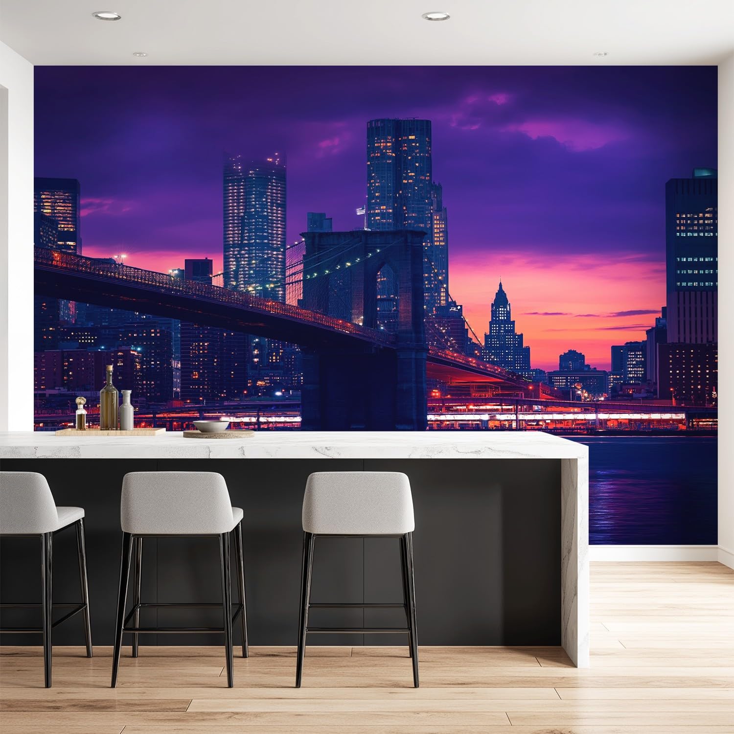 Tapeta 3D, sceneria, fotografia, pejzaż miejski, 274 x 254 cm, mural, most, budynki, powierzchnia rzeki, tapeta mural do sypialni, przedszkola, malowniczego ogrodu