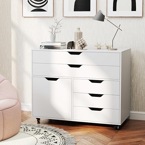 Miniatura 4 de Archivador, archivador blanco con ruedas universales, soporte para impresora de madera con almacenamiento, archivadores rodantes para oficina en