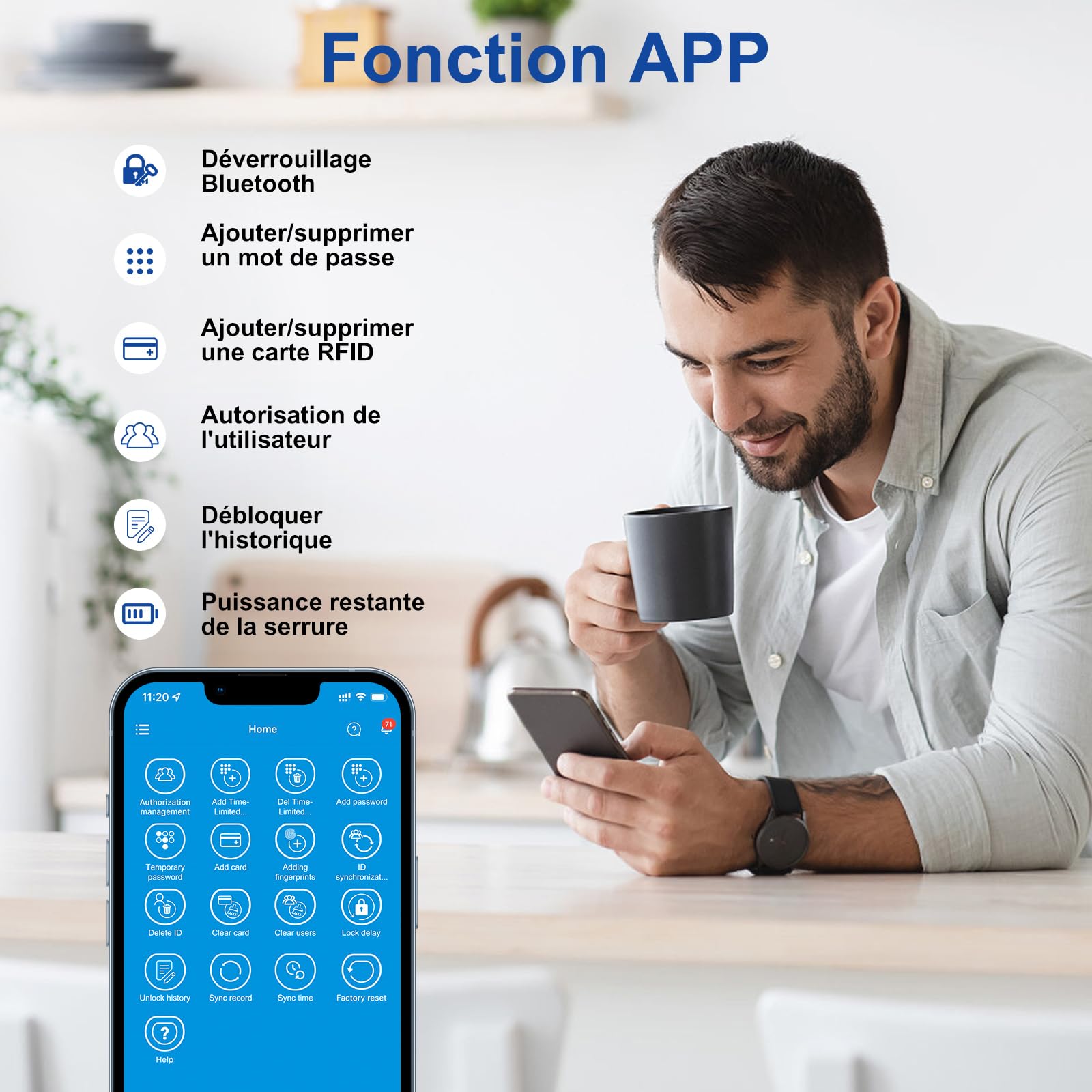 RUILON U81 Serrure connectée à code 30x30 - Cylindre empreinte digitale | Serrure biometrique avec 3 cartes RFID 2 clés, portes 50-95 mm, Facile à installer, Code temporaire, Airbnb Maison Chambre