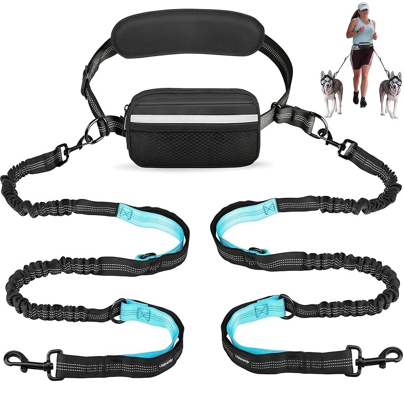 Guia mãos livres para cães Uppetly com cinto ajustável e elástico duplo, Large, 2 dogs/Blue