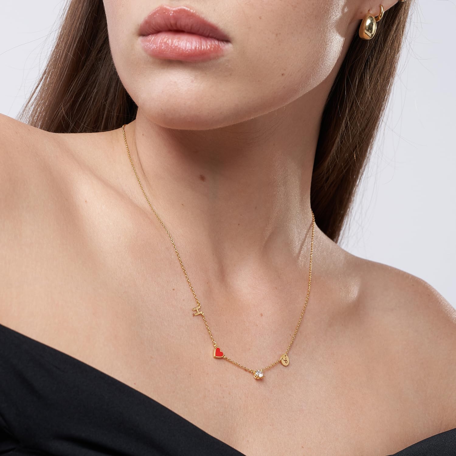 Personalized Red Heart Inez Initial Necklace with Small or Big Diamond - Custom Initial & Zodiac Sign - Jewelry for Her, Women - Dainty Gift for Mother's Day, Birthday, Christmas