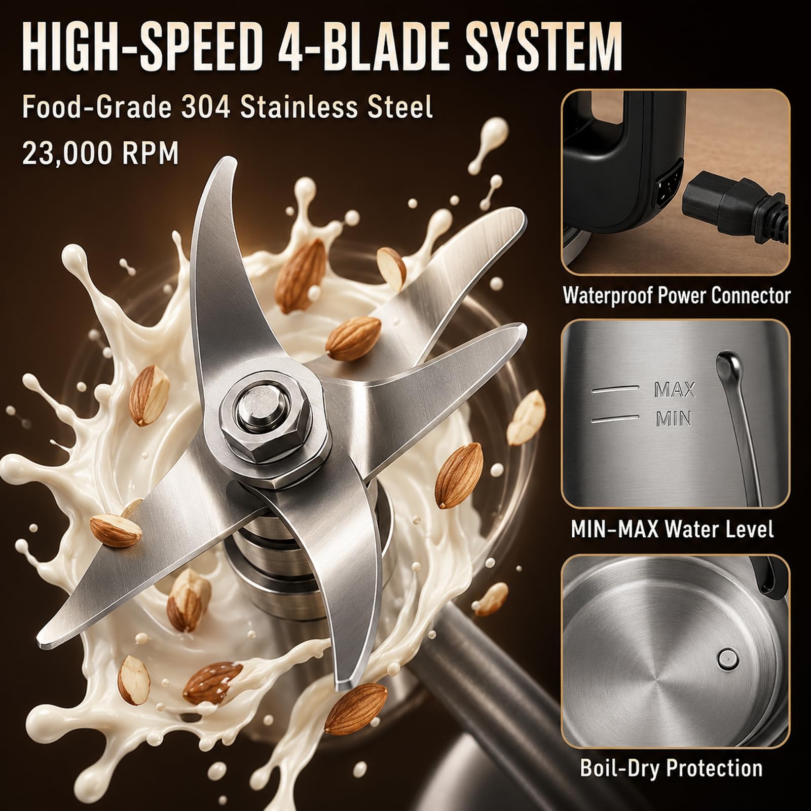 Macchina Automatica per Latte Vegetale 1,2 L, 7-in-1 con Avanzamento LED | 4 Lame in Acciaio Inox, Autopulizia 180 Sec. e 25.000 Giri/Min per Latte di Mandorla, Avena, Porridge e Creme