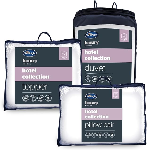 Silentnight Hotel Collection Complete Bed Set - Luxury Hotel Quality Pillows 2 Pack, Mattress Topper and 13.5 Tog Warm Duvet Luxuriously Soft, Silky and Machine Washable - Double Size