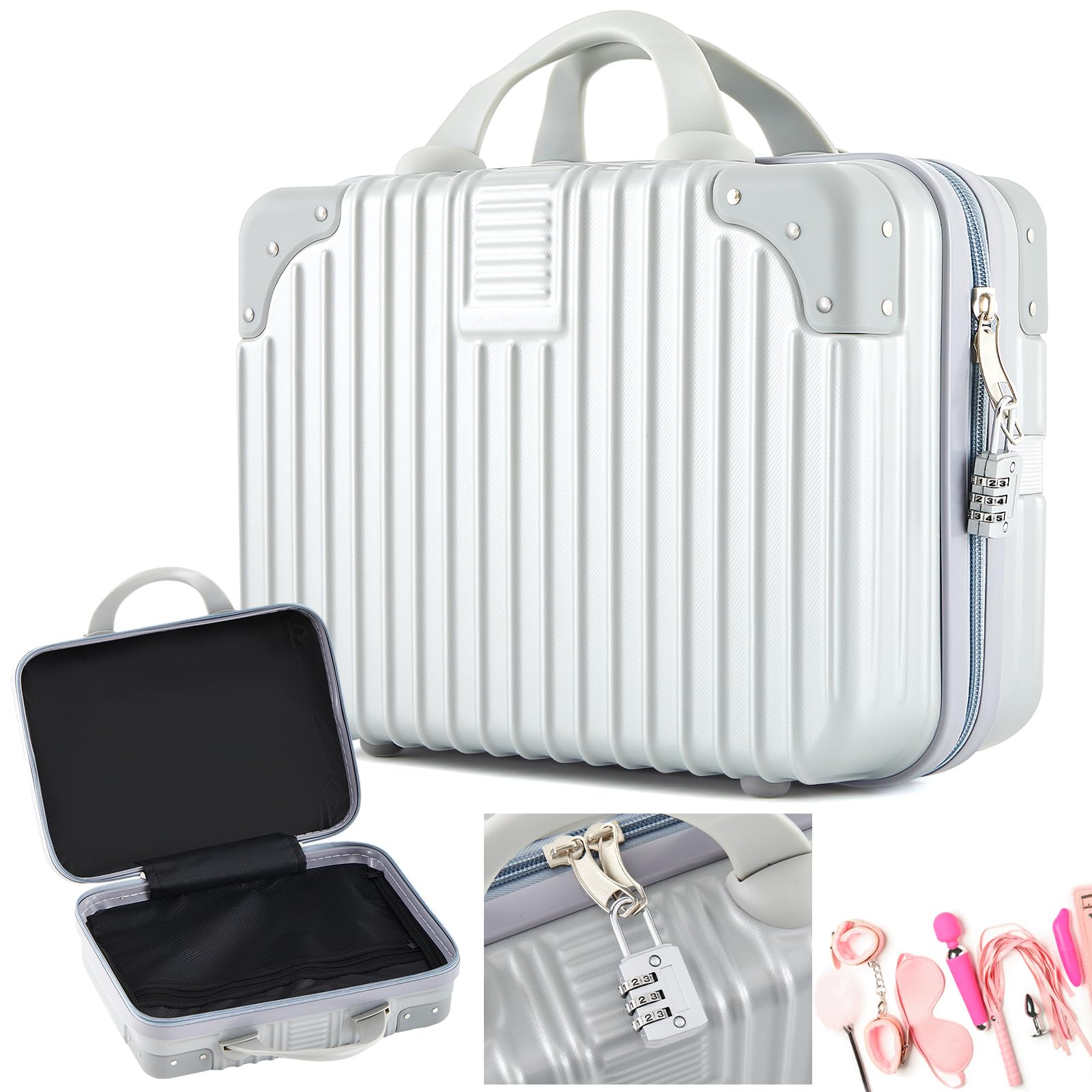 Amylove Discreet Lockable Storage Bag Box Organizer Storage Case with Lock for Women Men Lock Travel Bag,12.6 x 9.8 x 6.7in(Silver)