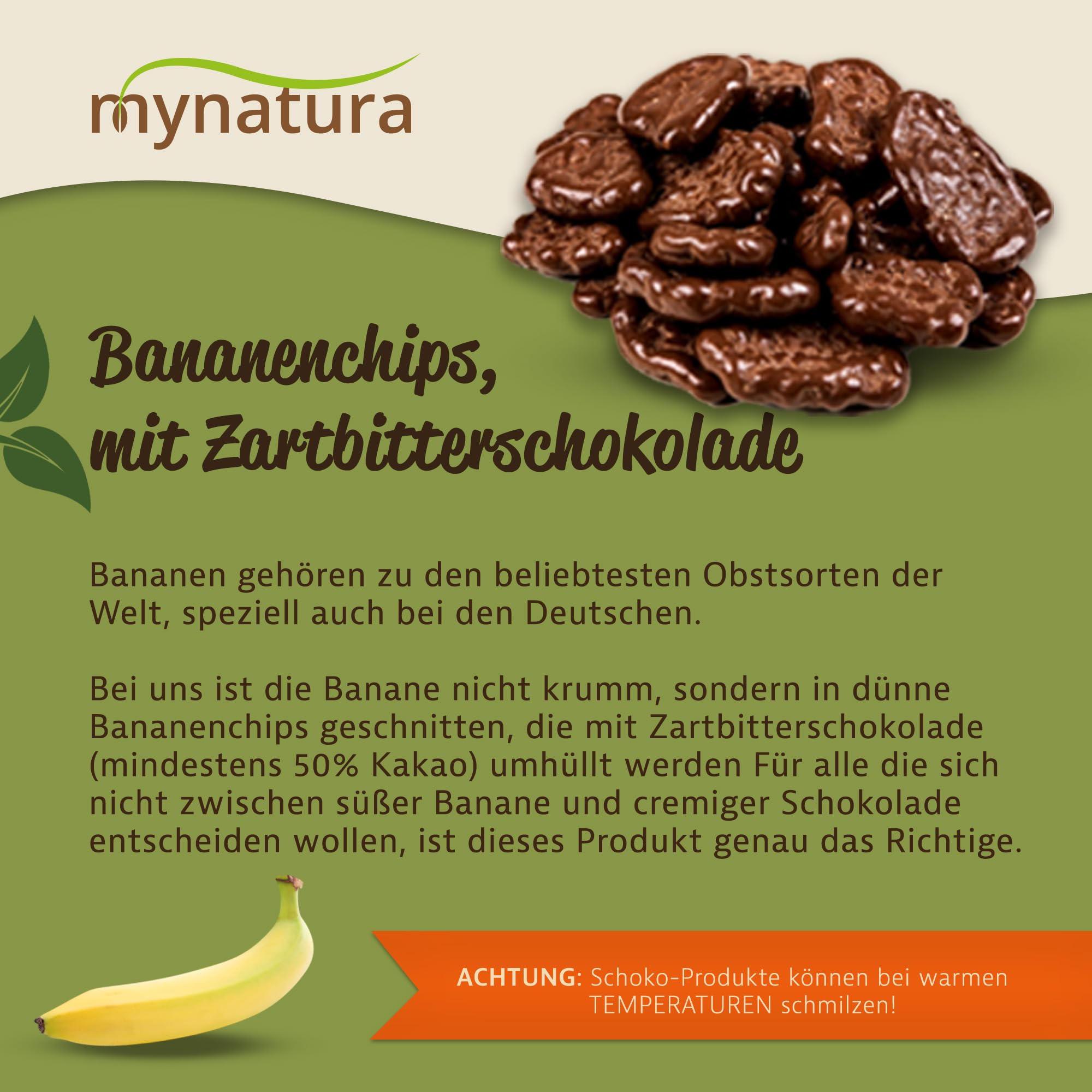 Mynatura Bananenchips, mit Zartbitterschokolade umhüllt I Schokolade I Banane I Snack I Topping I Süßigkeiten I Im Beutel (3x 1000g)