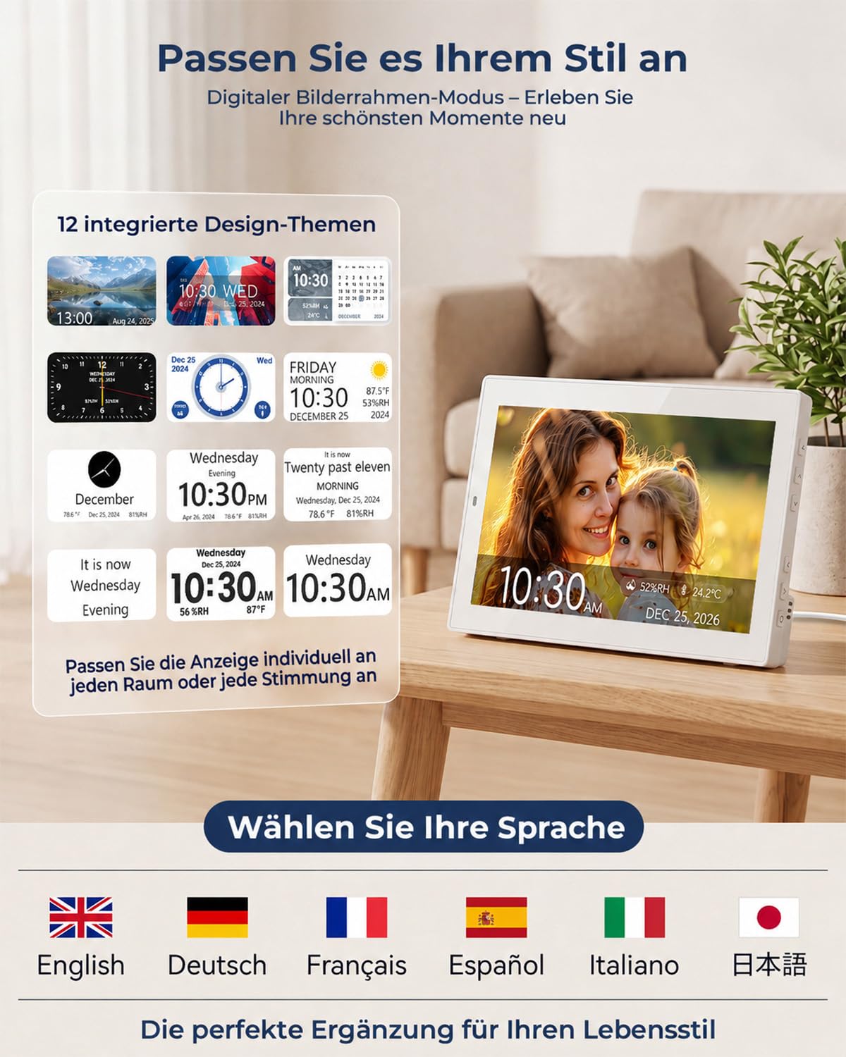 ROCAM Demenzuhr Senioren 10,1 Zoll Digitaler Wecker mit Kalender | 20 Alarmen und Erinnerungen, Großes IPS Display, Datum, Wochentag, Temperatur, Luftfeuchtigkeit, Foto-Diashow über USB/SD