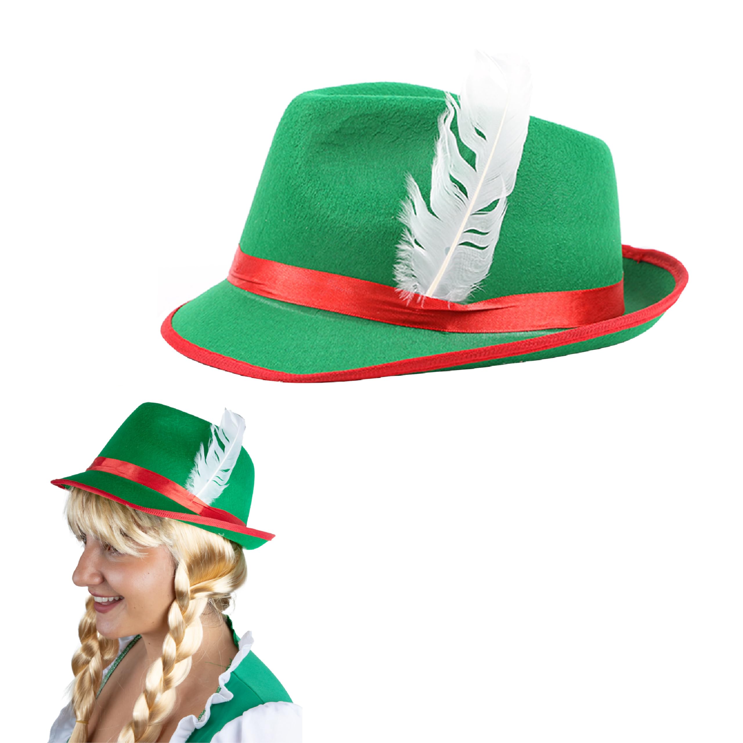 Ladies Green Bavarian Hat - Oktoberfest Bavarian Hat with Feather Detail - Adults German Tyrolean Trilby Fancy Dress Accessory - Pack of 1