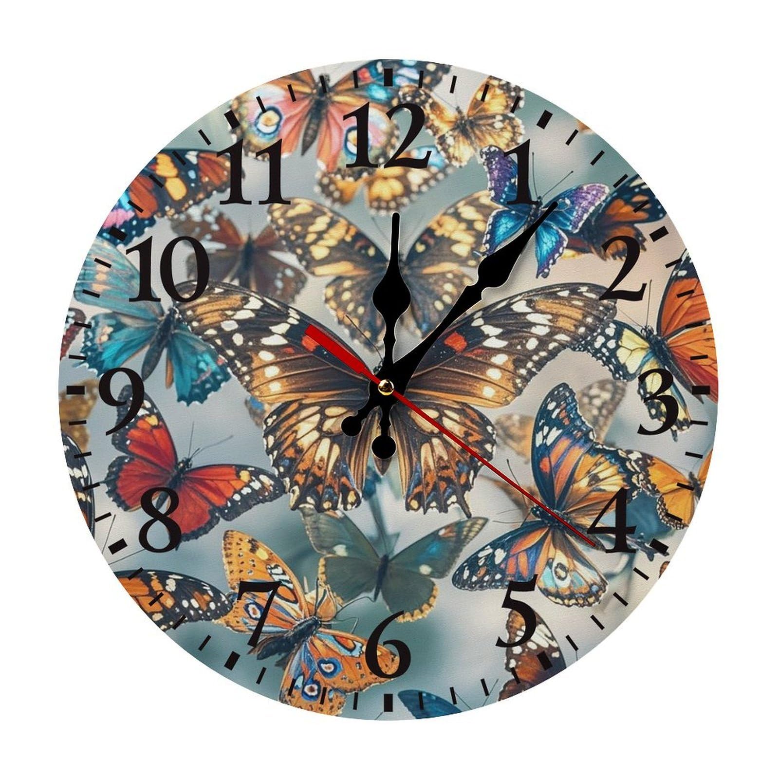 QMNLKH Butterflies Wall Clock for Home, Battery Operated Clock for Hotel, Round Wall Clock with Arabic Numerals Black, Easy to Read, Non-Ticking Clocks for Living Room 25 * 25cm