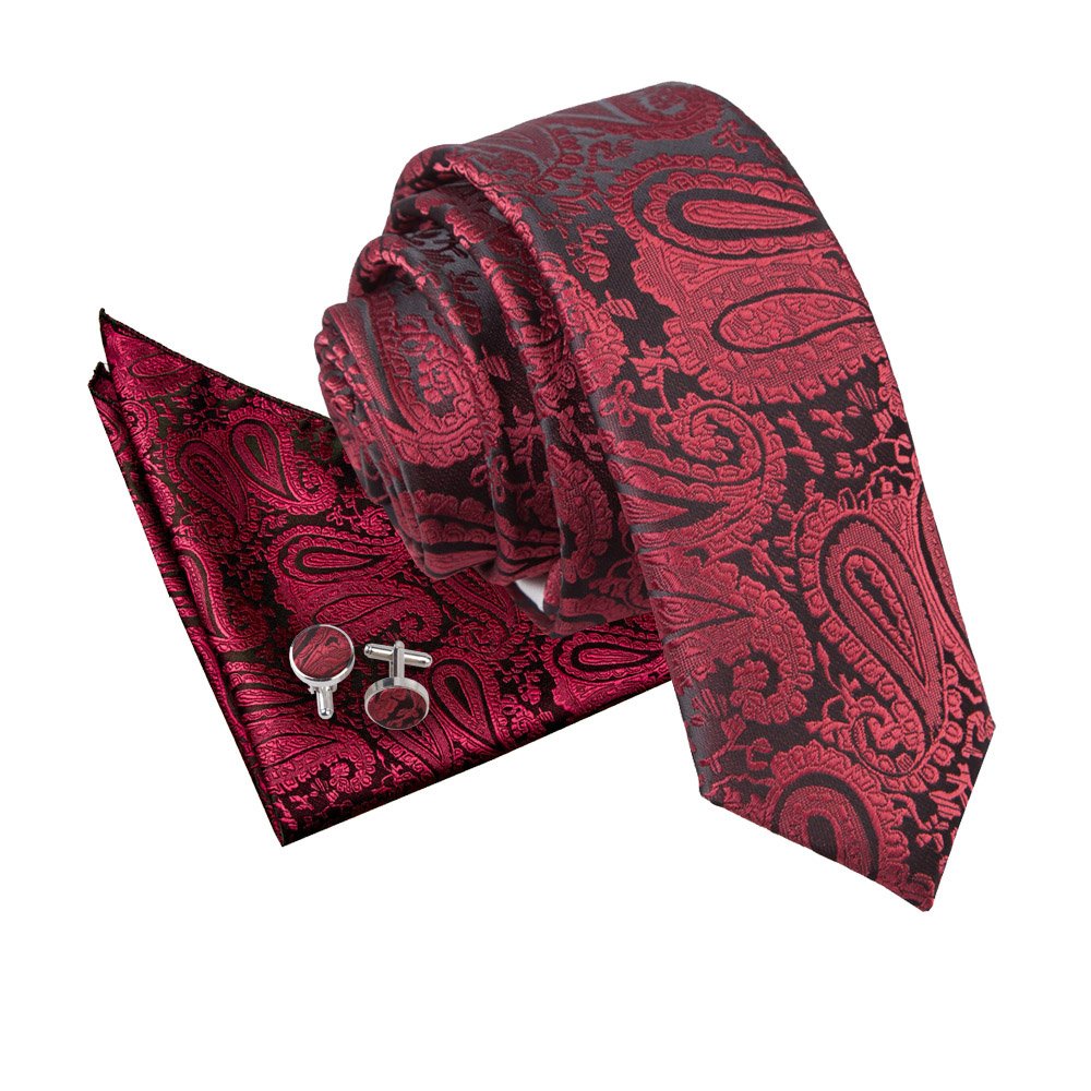 Dqt Men's Burgundy Paisley Floral Jacquard Skinny Tie, Pocket Square & Cufflinks Set (3Pc) - Wedding, Business & Formal