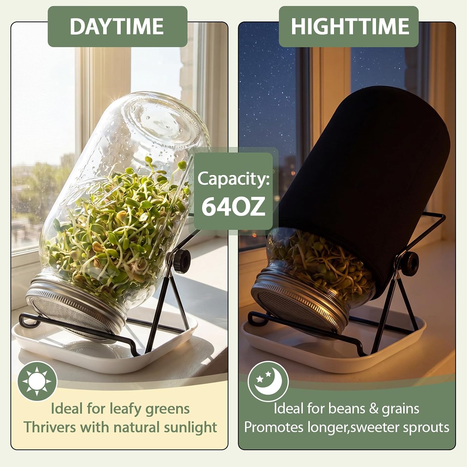 3 Pack 64 oz Wide Mouth Sprouting Jar Kit, Mesh Lids and Stand