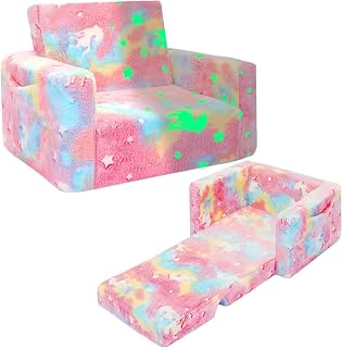 SLIGUY Kleinkindcouch, Kindercouch, Einhorn-Sessel für Jungen und Mädchen, Größe L, Rosa, ausklappbares Kinder-Sofa, Kleinkind-Sofa zu Liege, ausziehbare Couch, leuchtet im Dunkeln